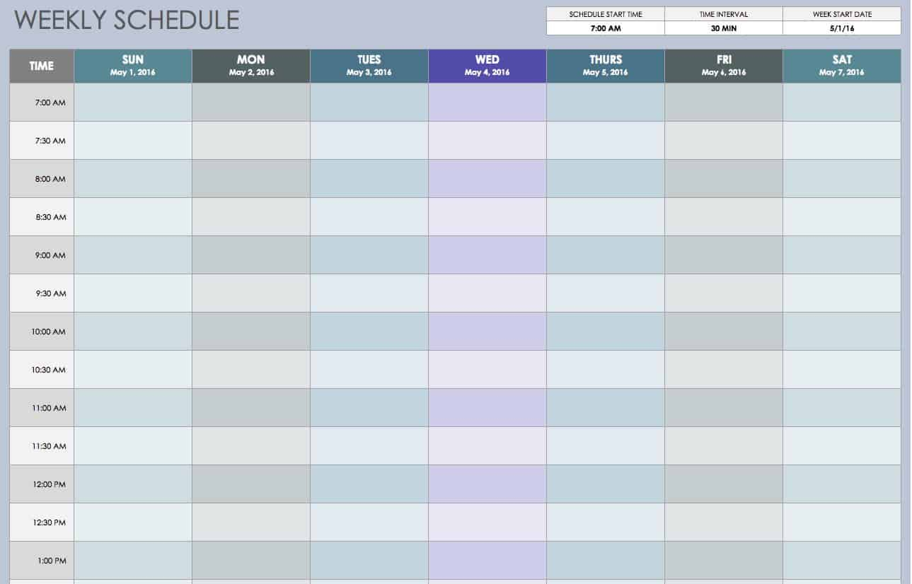 001 Weekly Schedule Sunthrusat 30Min Template Ideas Week