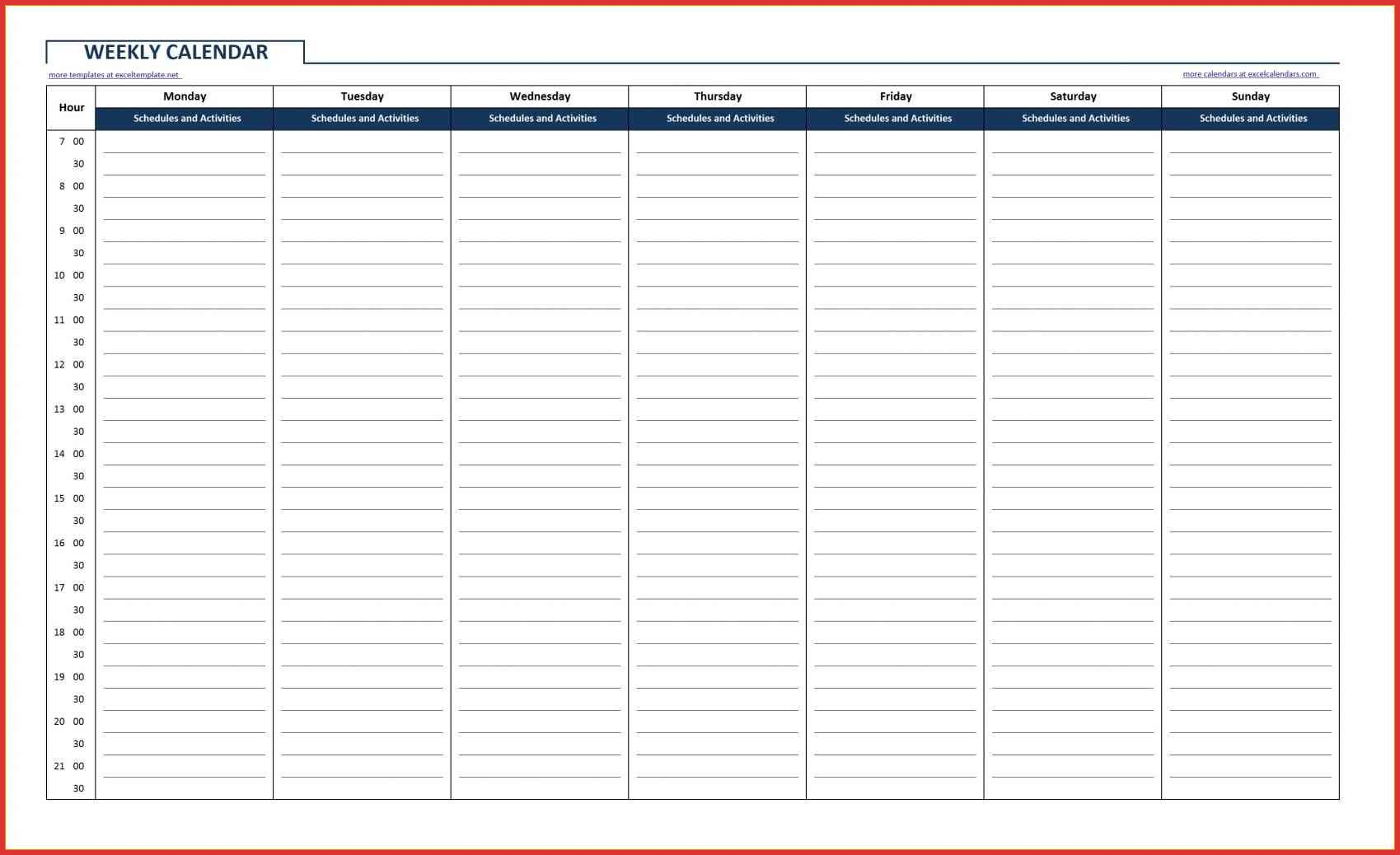 004 Template Ideas Excel Hour Weekly Calendar Schedule