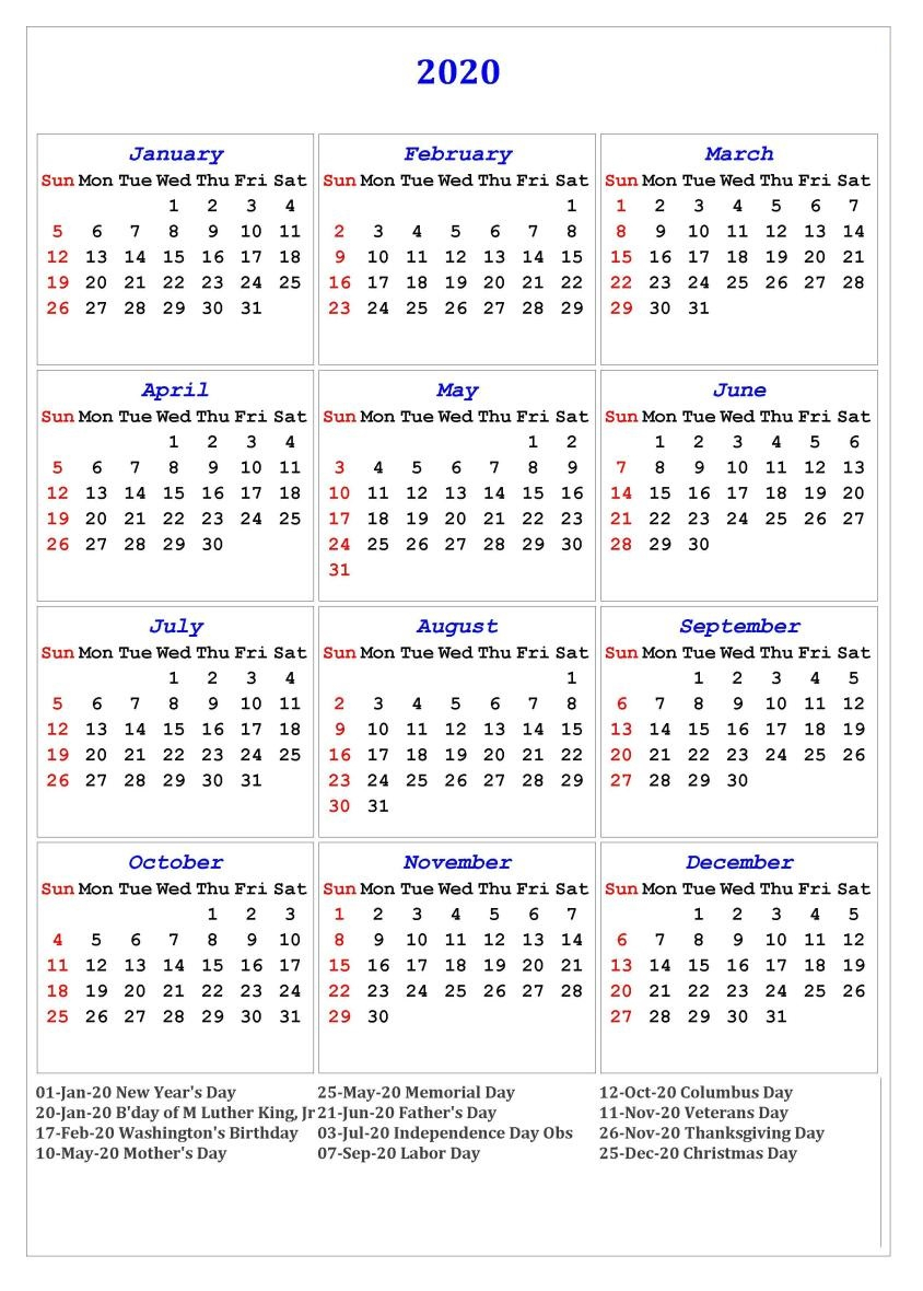 12 Months 2020 Printable Calendar With Holidays | Calendar 2020