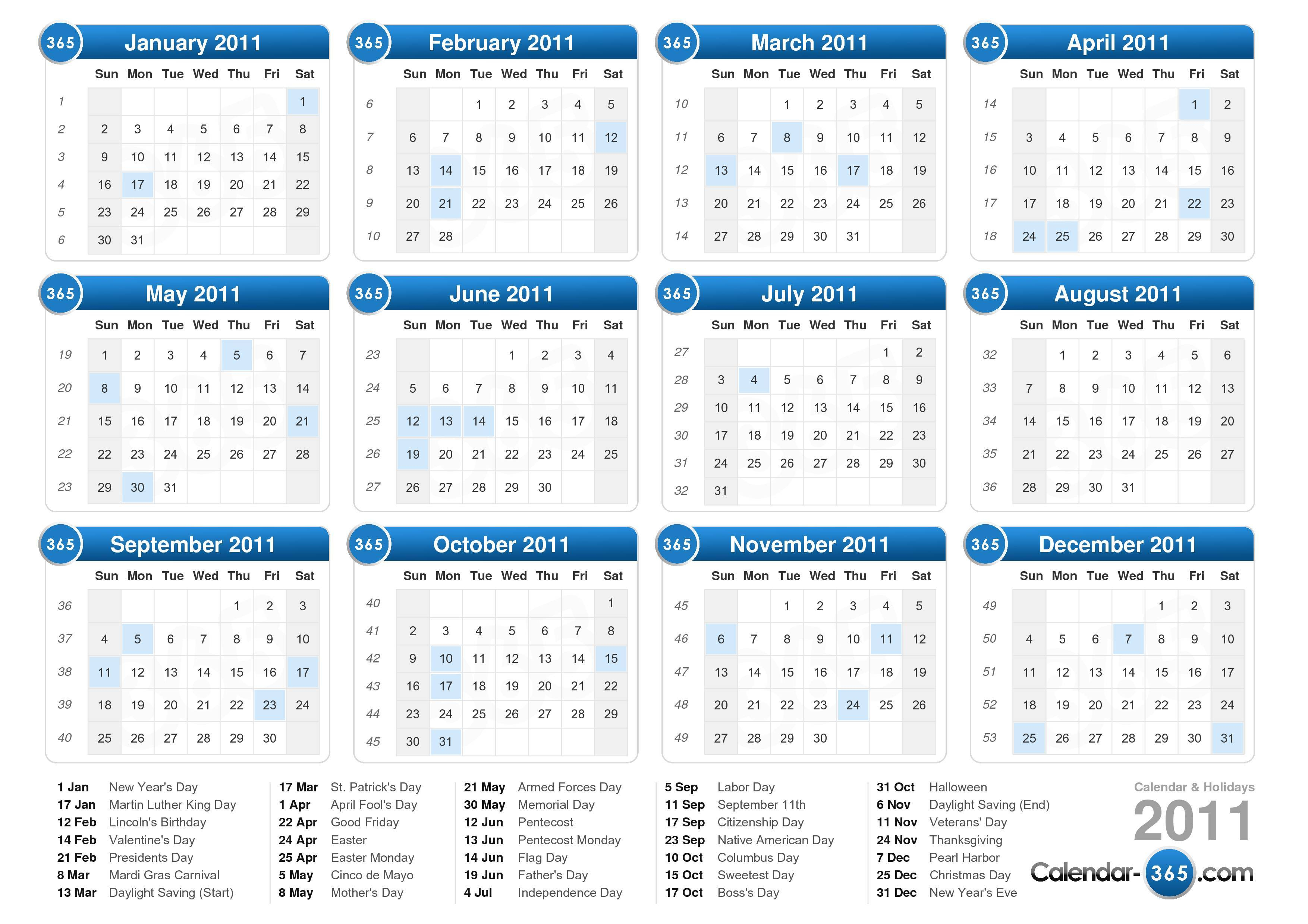 Year Calendar For 2011