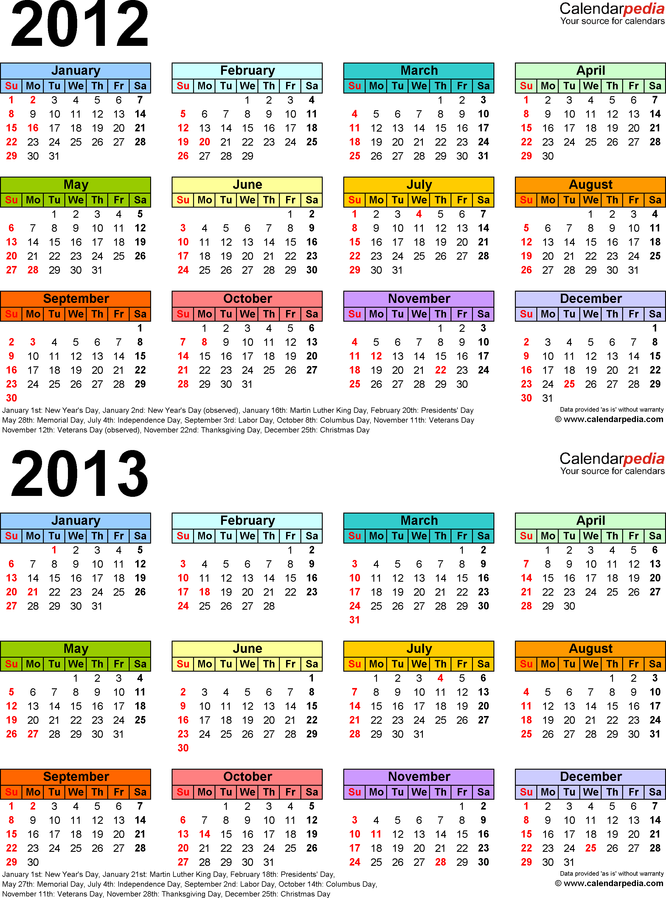 2012 2013 Calendar Free Printable Two Year Word Calendars