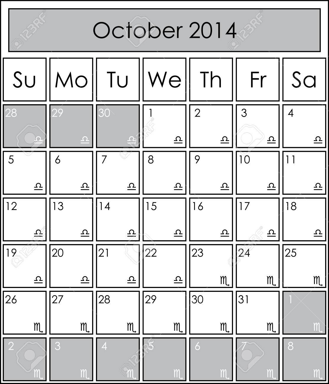 2014 Calendar Monthly, October, With Zodiac Signs