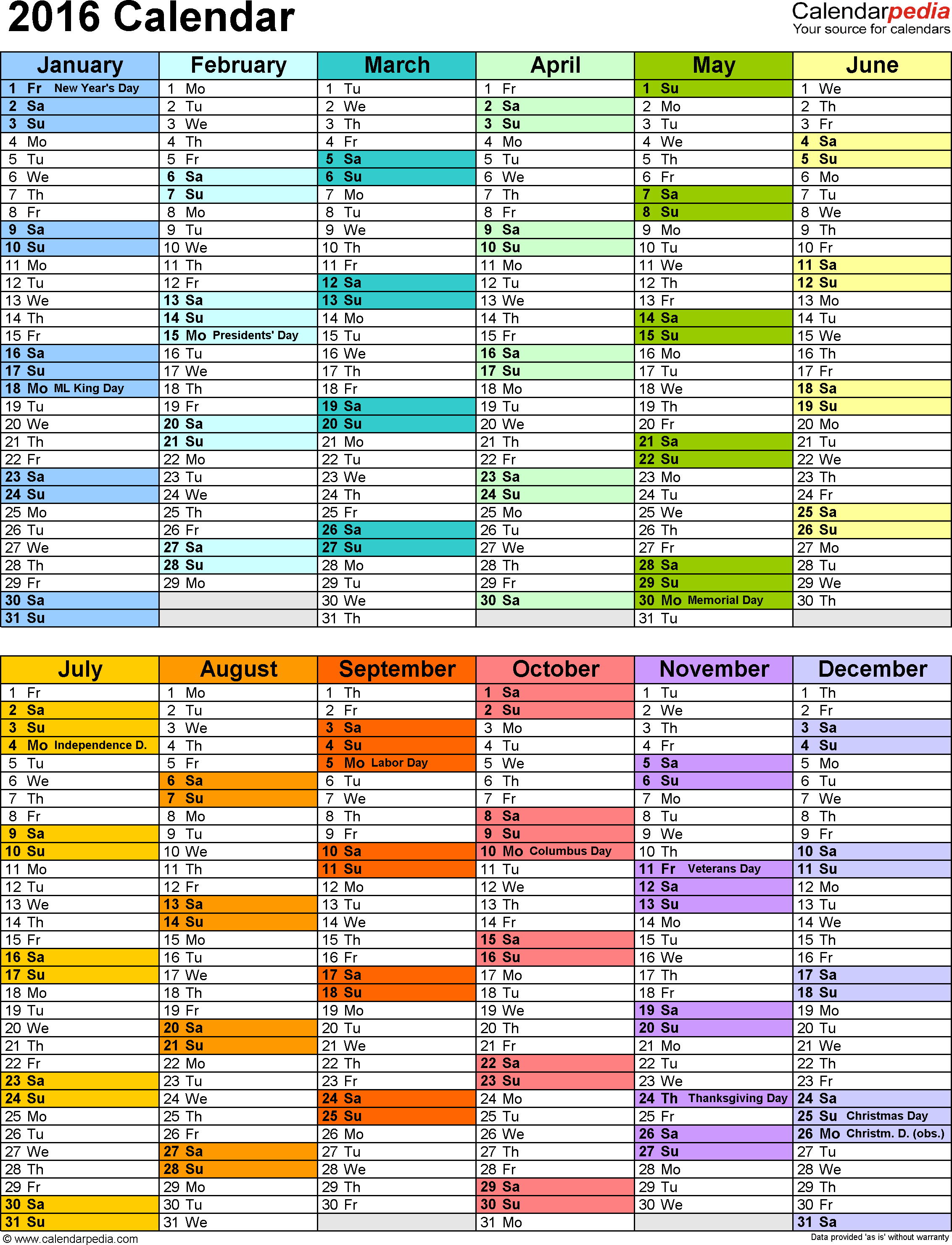 2016 Calendar - Download 16 Free Printable Excel Templates