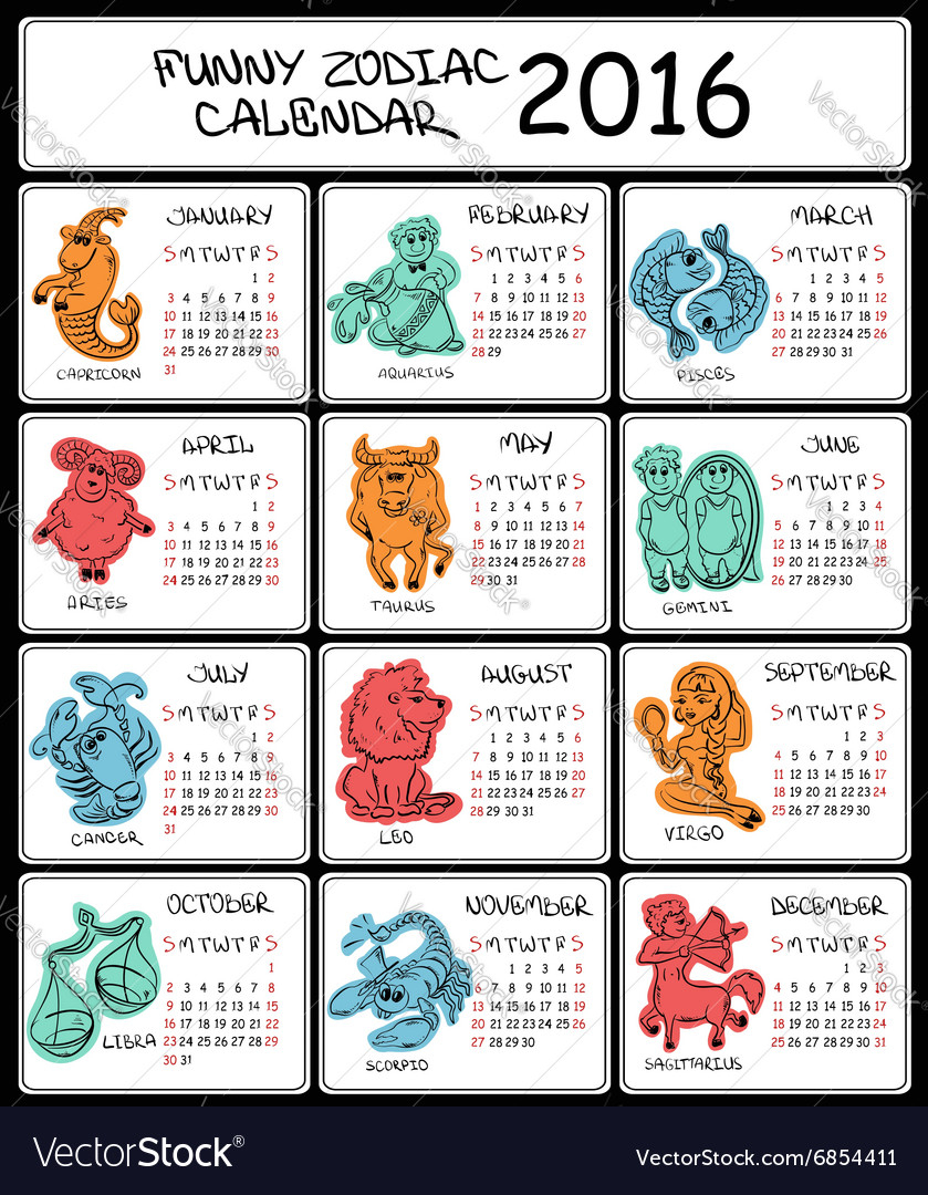 2016 Calendar Template With Zodiac Signs