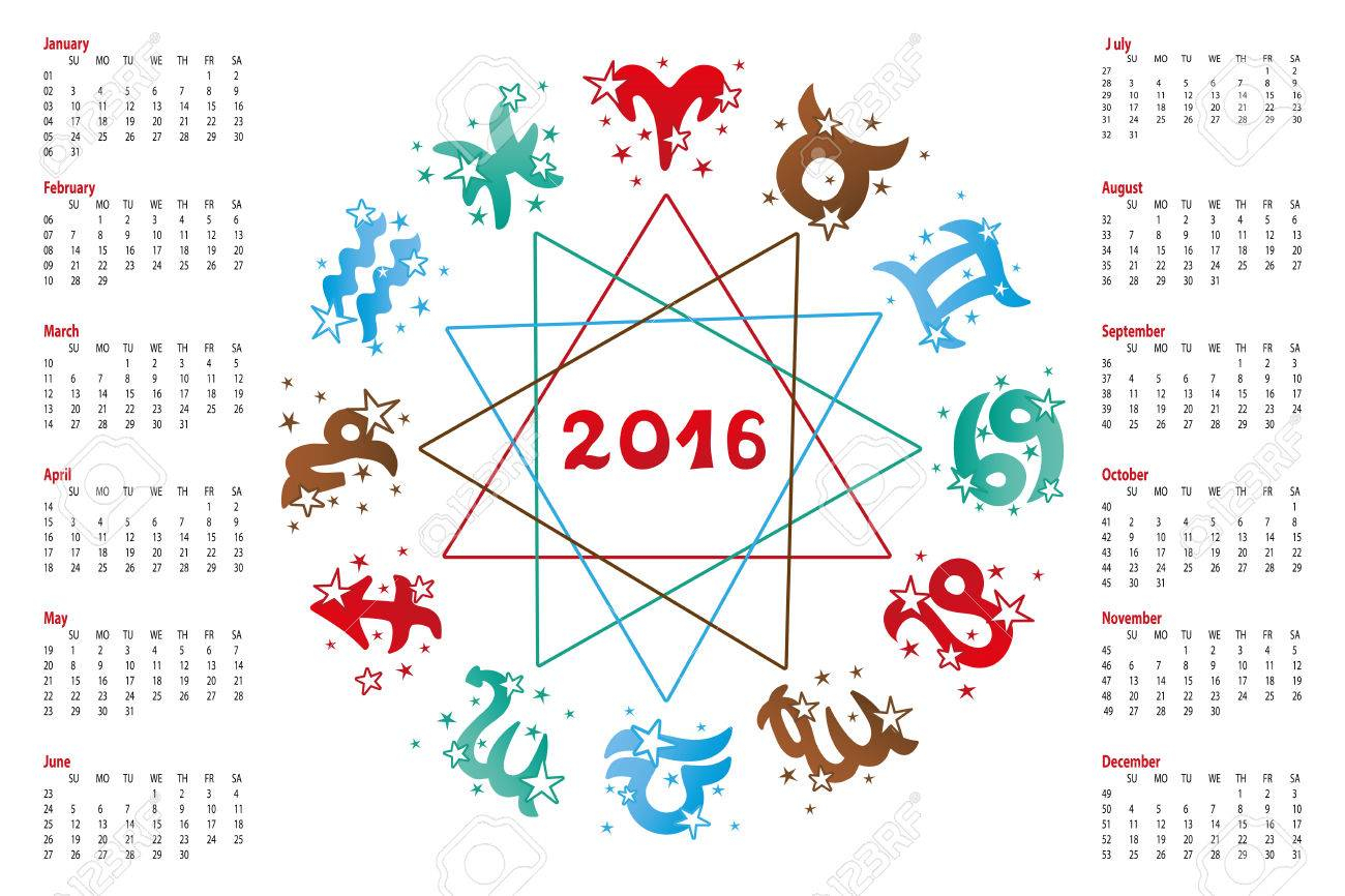 2016 New Year Calendar.horoscope Circle With Zodiac Sign.elements,stars..