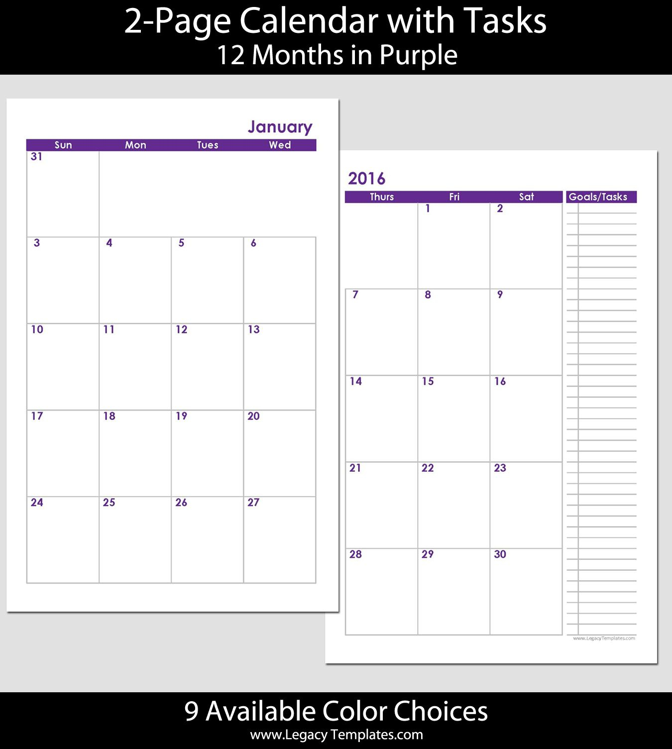 2016 Printable 12-Month 2-Page Calendar - Jr/half-Letter
