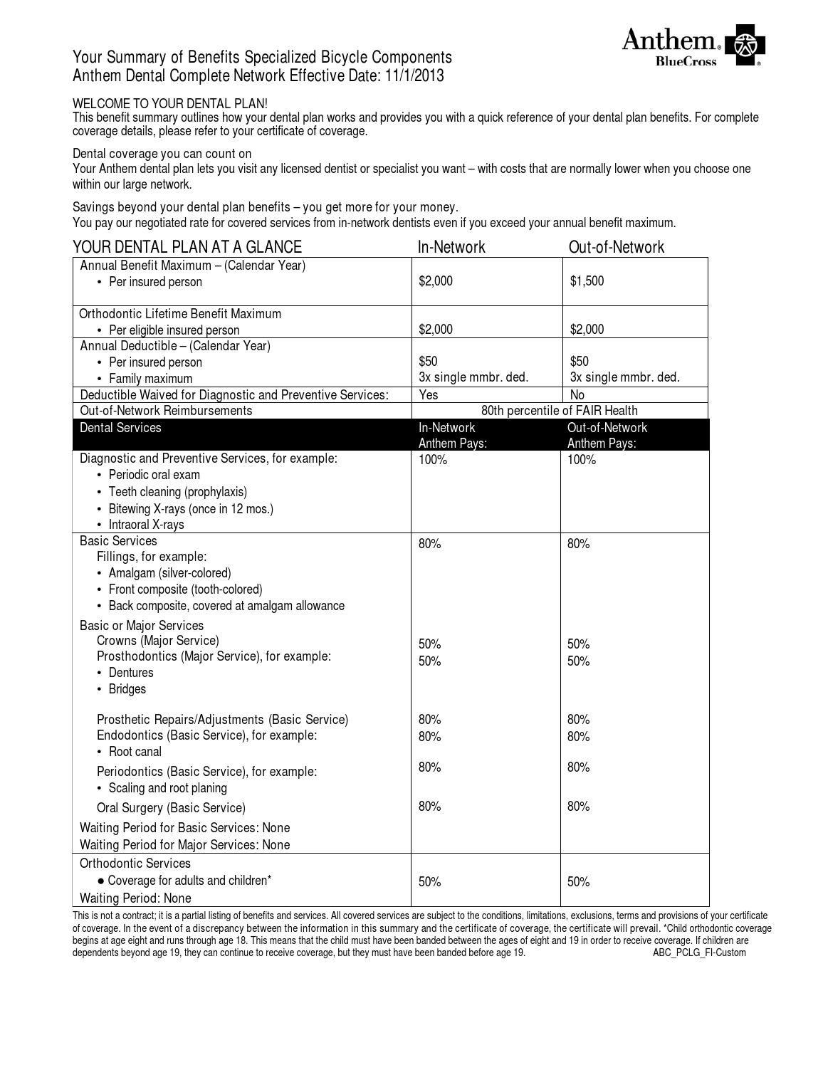 2016 Specialized Anthem Dental Benefit Summary