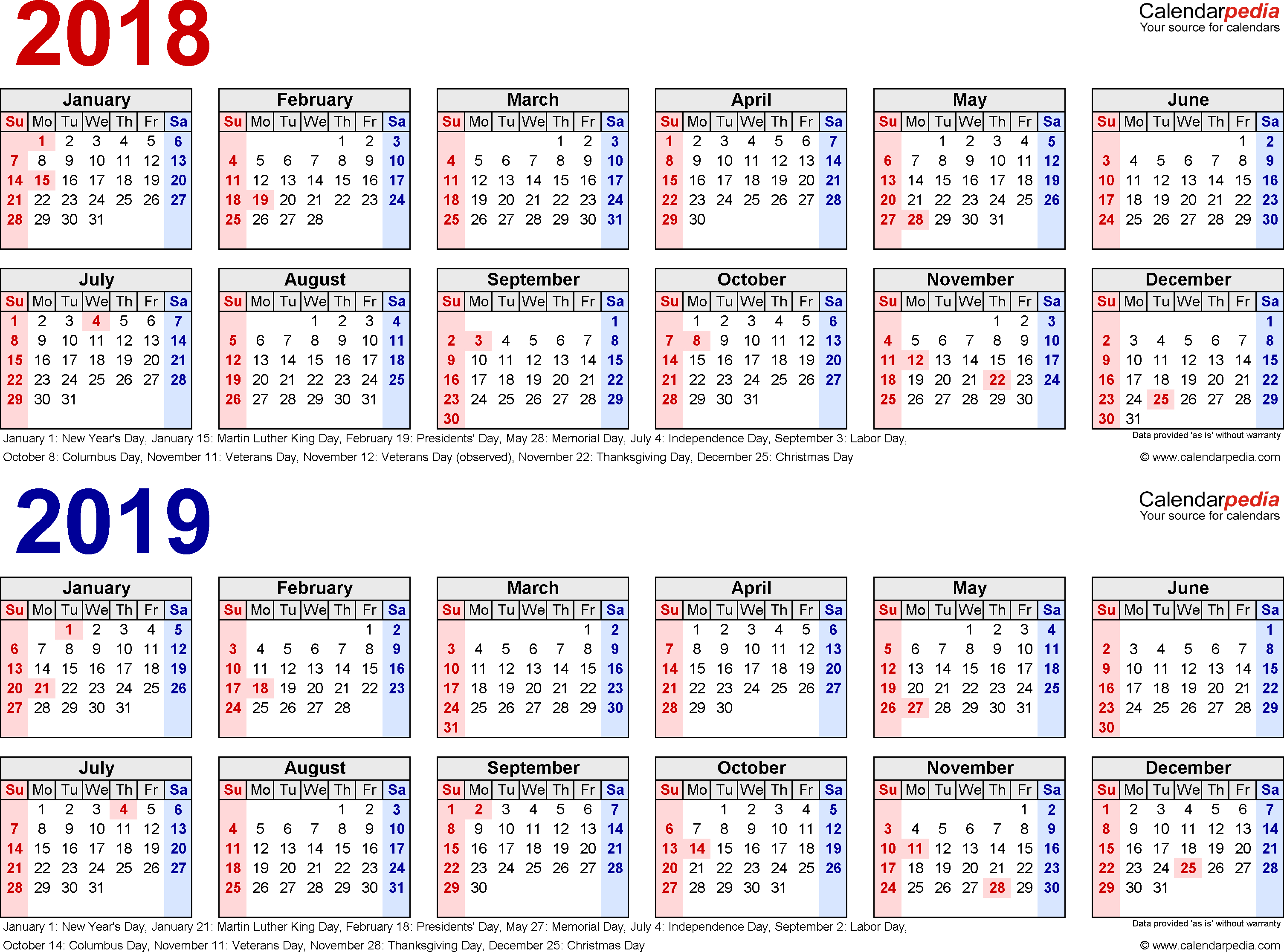 2018-2019 Two Year Calendar - Free Printable Pdf Templates