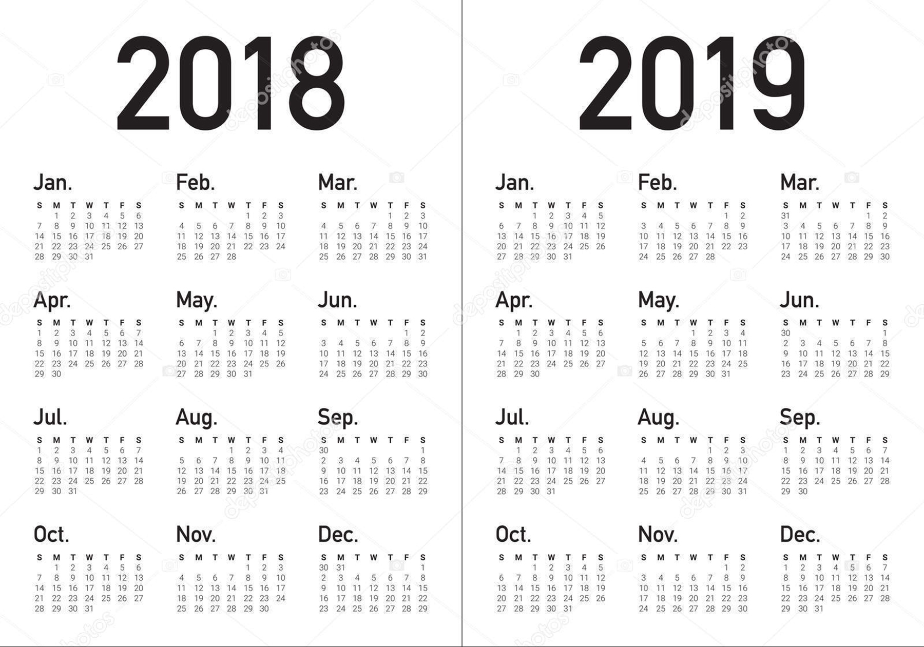 2018 And 2019 Two Year Calendars - Printable Monthly Calendar