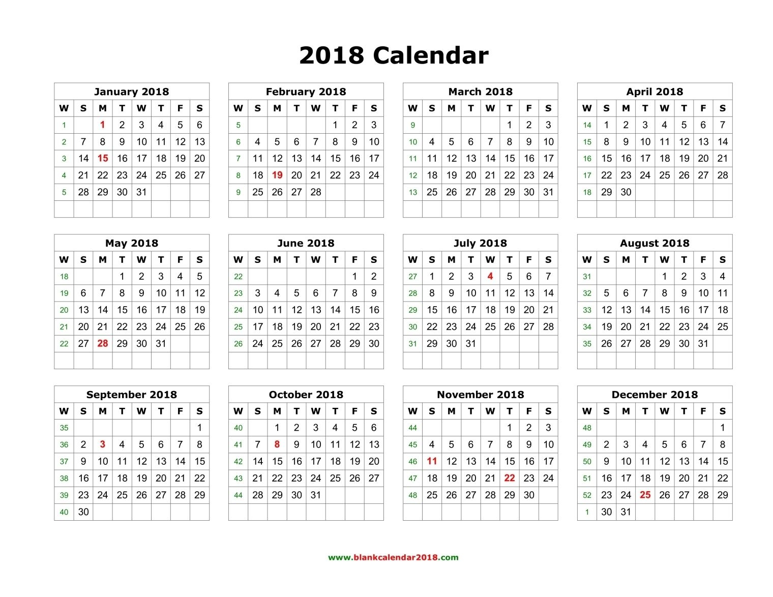 2018 Calendar Printable Yearly 2018 Calendar Blank Landscape