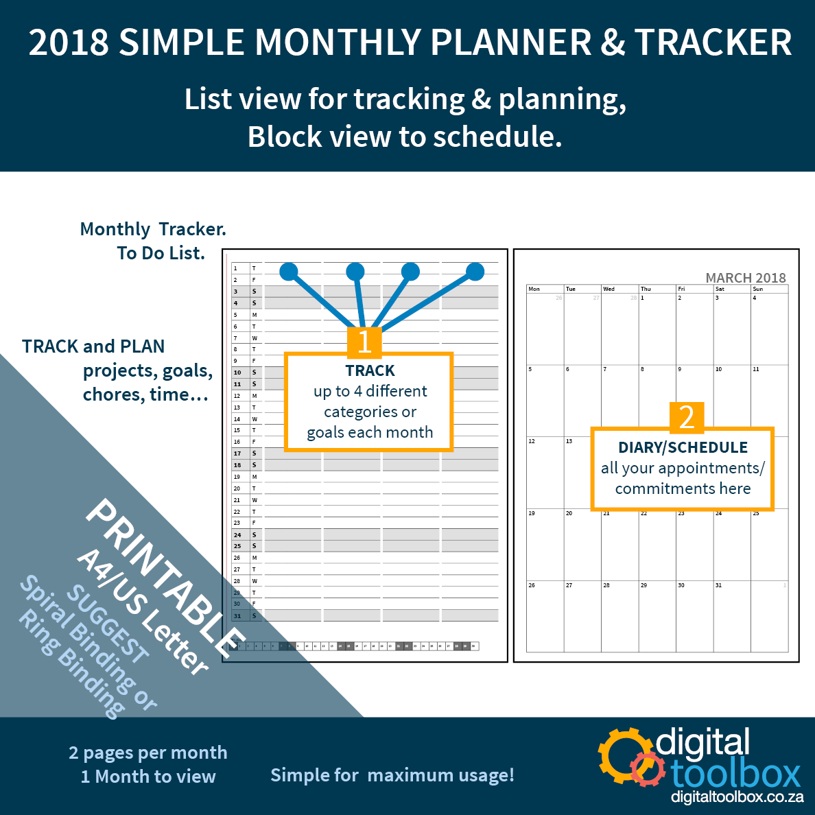 2018 Printable Diary Planner. Block View And List View