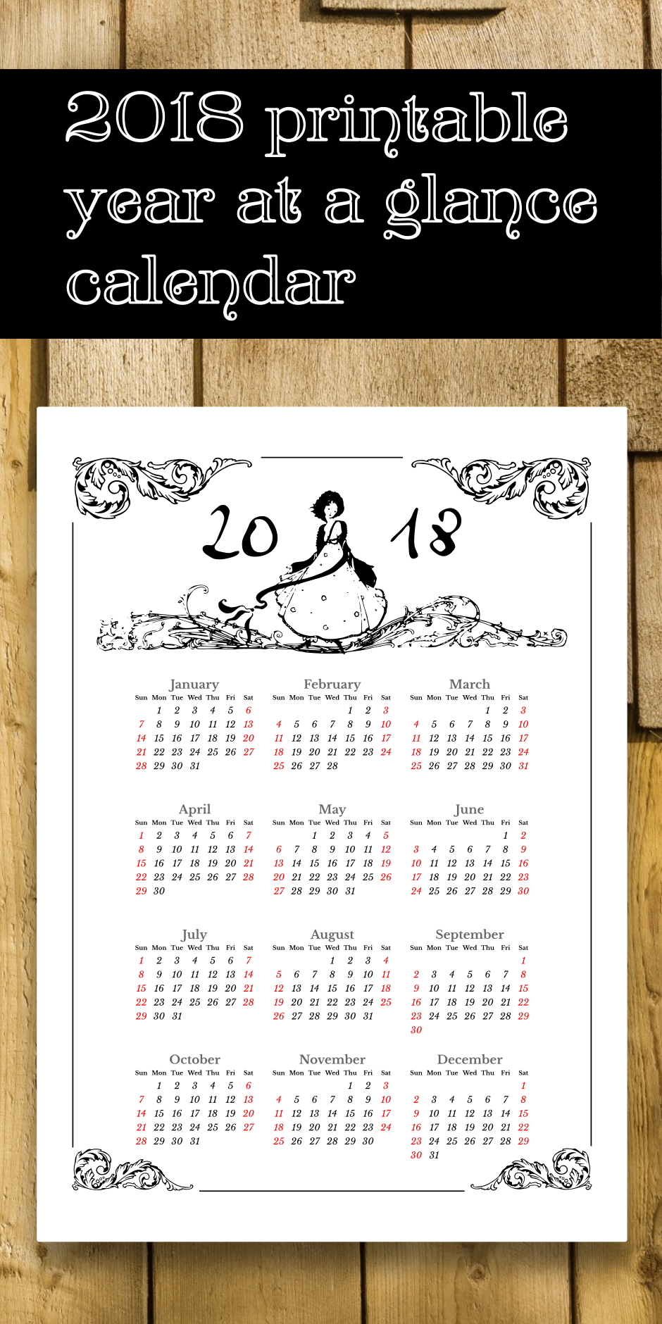 2018 Printable Yearly Calendar | Vintage Line Art Desk