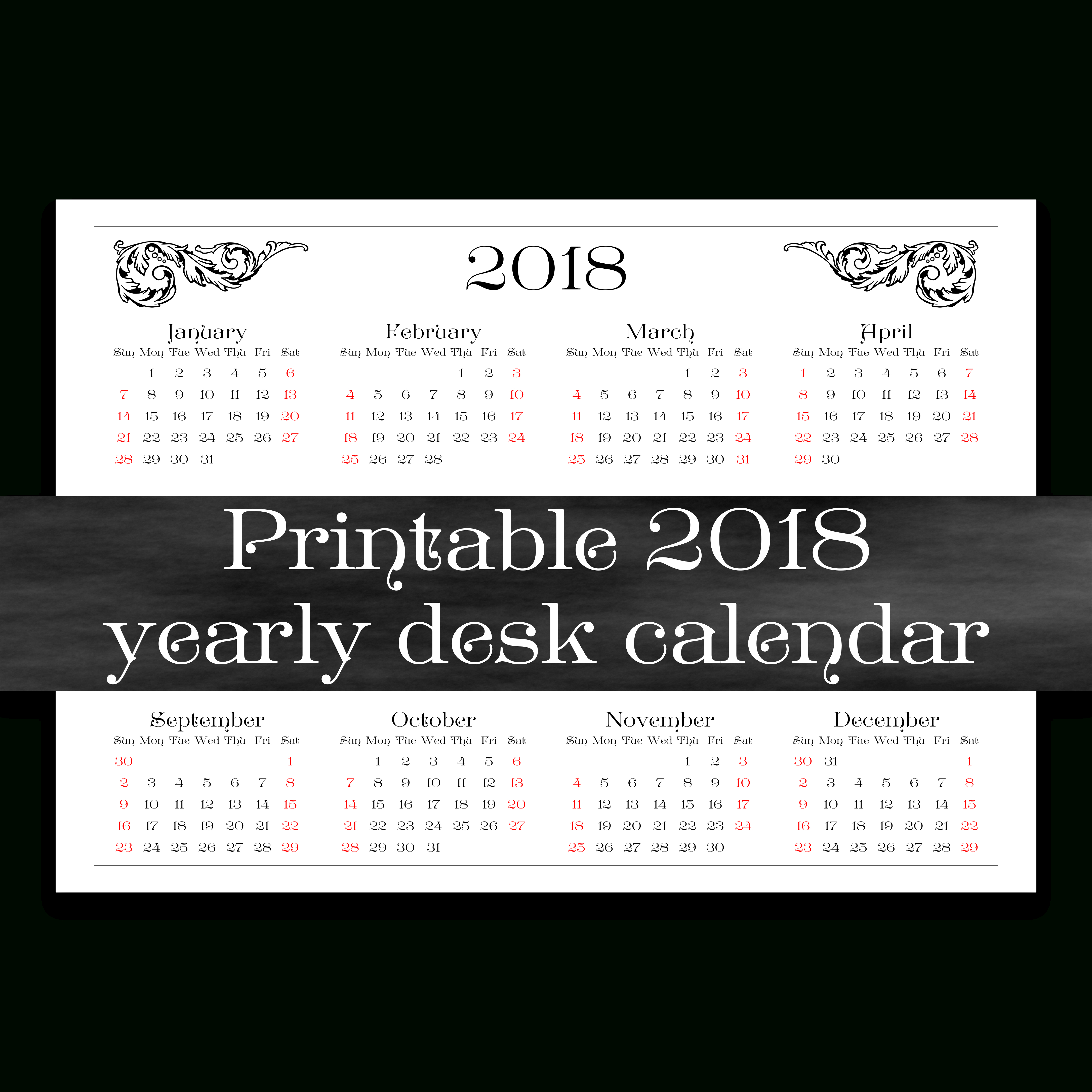 2018 Printable Yearly Desk Calendar | Year At A Glance | A4