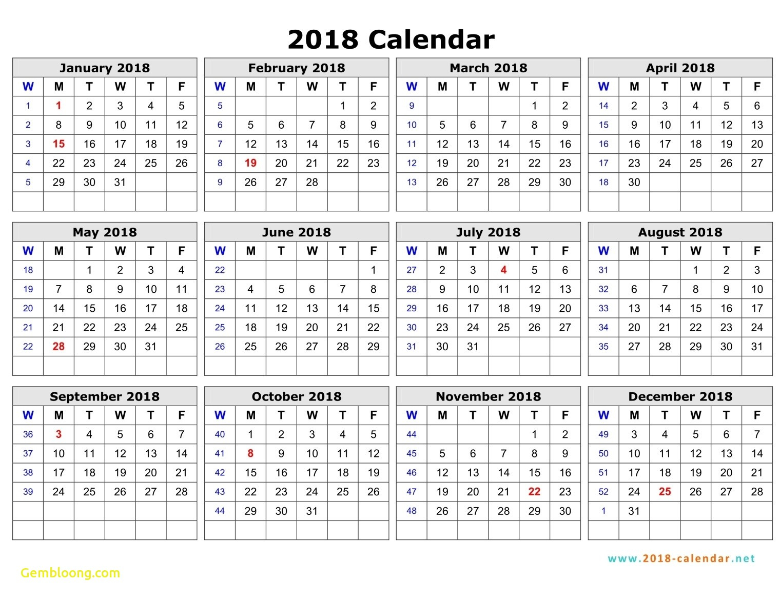 2018 Weekly Calendar With Week Numbers July To December