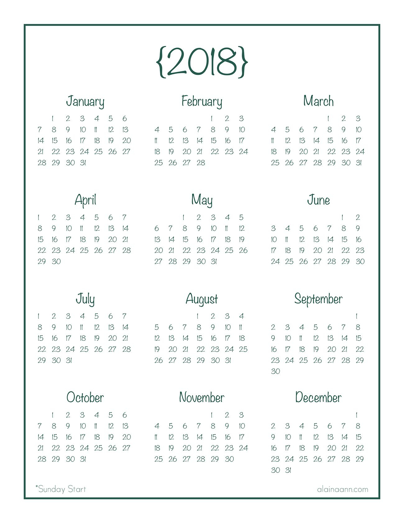 2018 Year-At-A-Glance Calendar {Free Printable} | At A