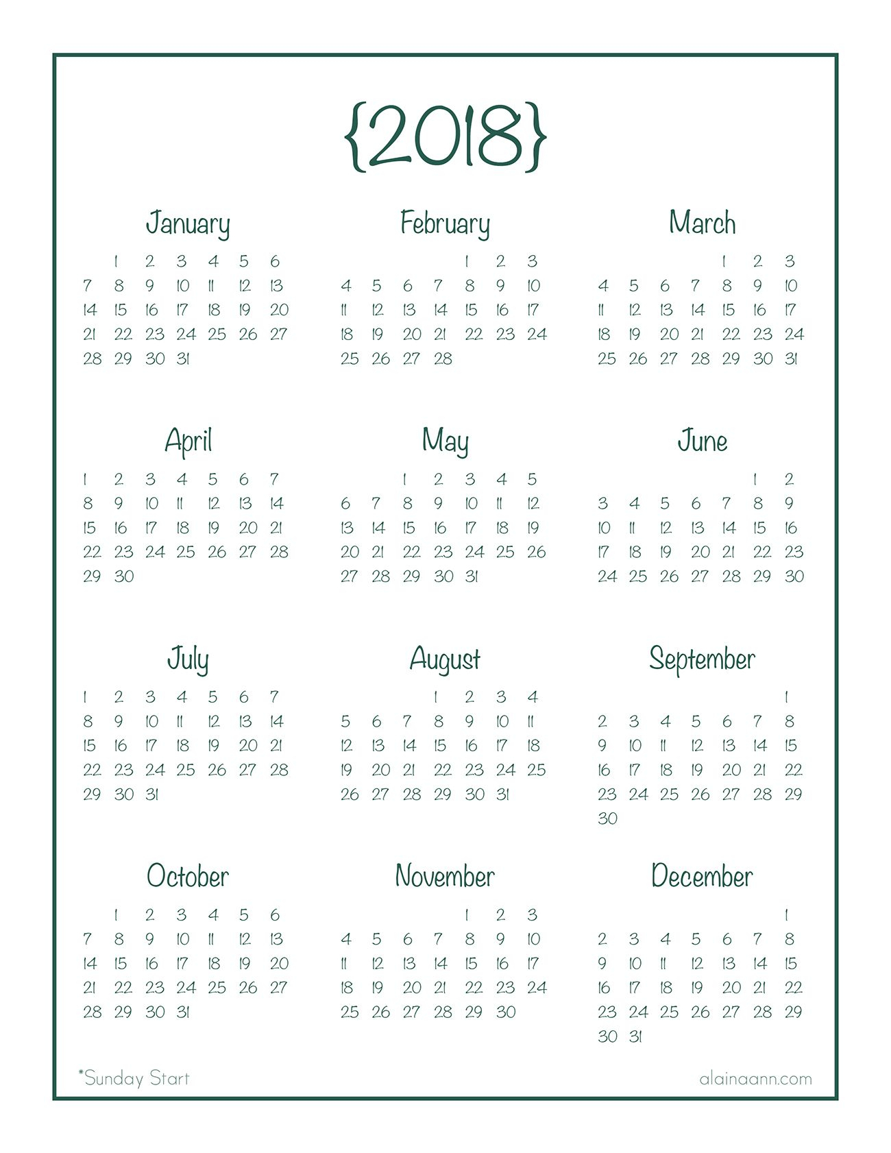 Printable Editable Year At A Glance Calendar