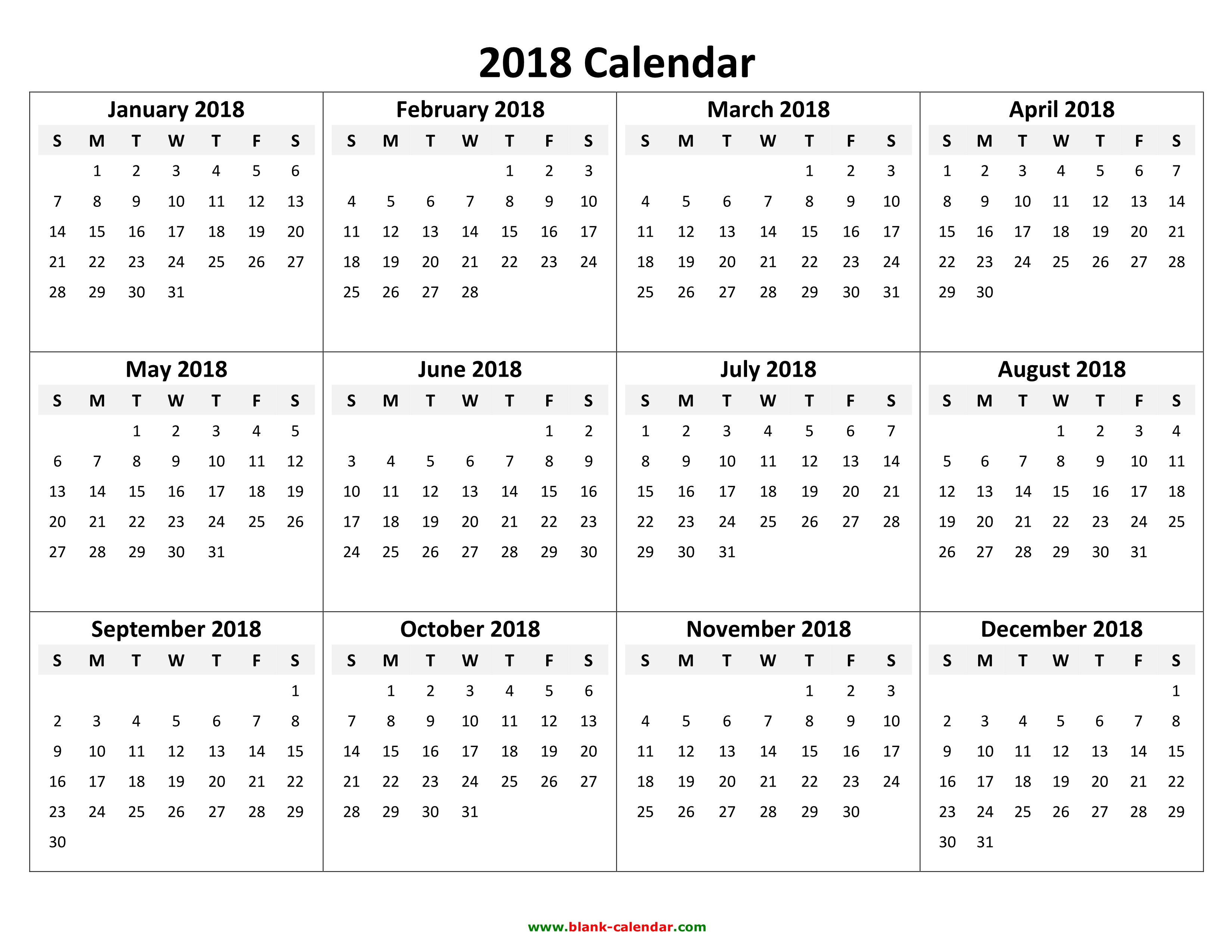 2018 Yearly Calendar - Free Download