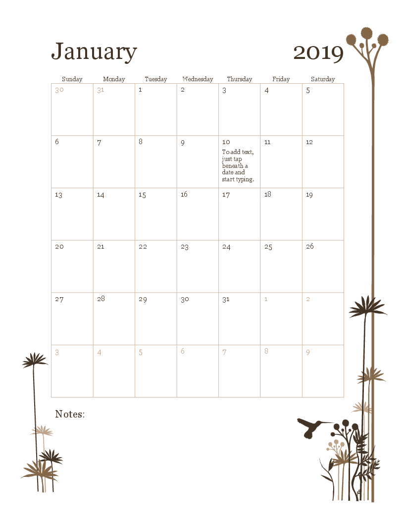 2019 12-Month Calendar (Sun-Sat)