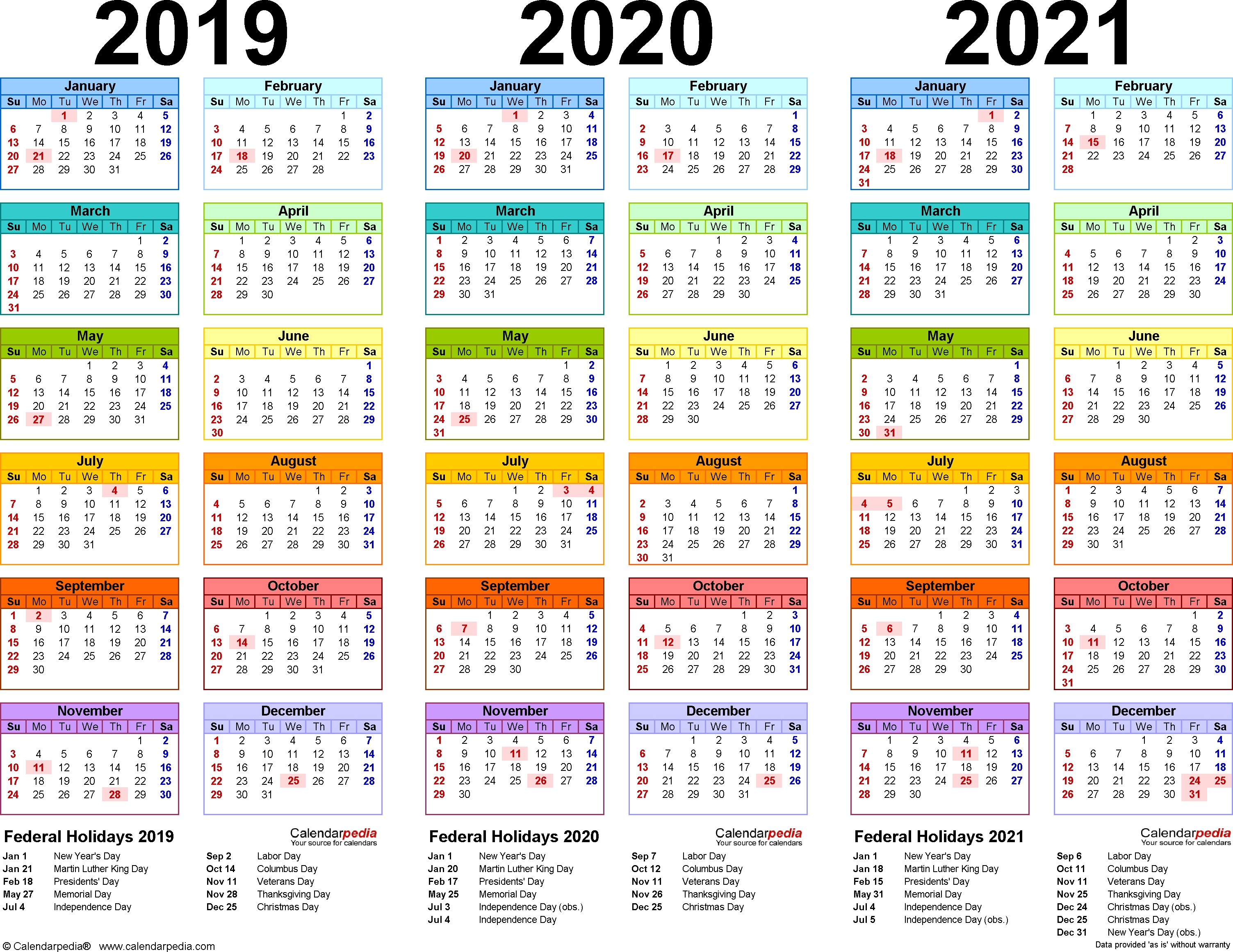 2019/2020/2021 Calendar – 4 Three-Year Printable Pdf