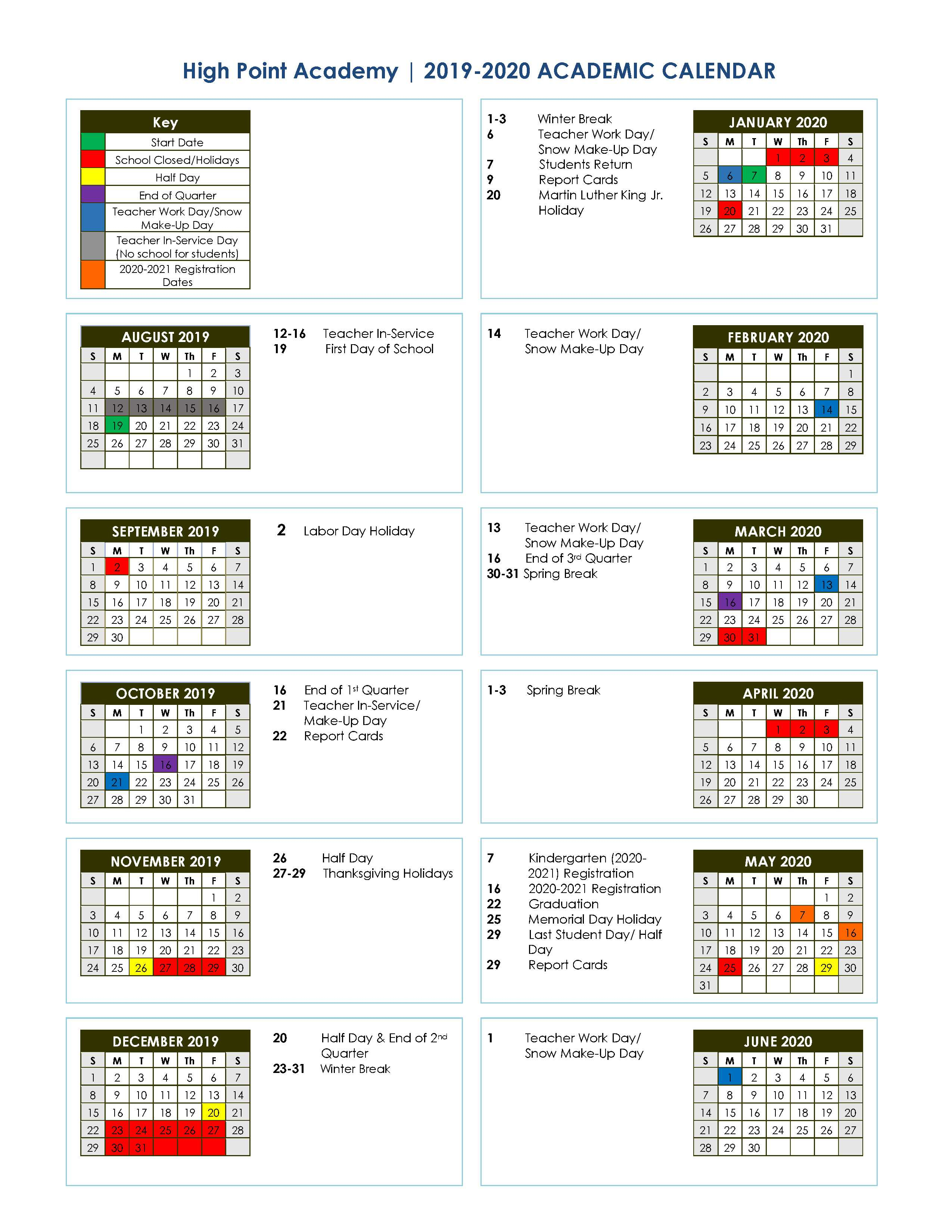 2019-2020 Academic School Calendar | High Point Academy