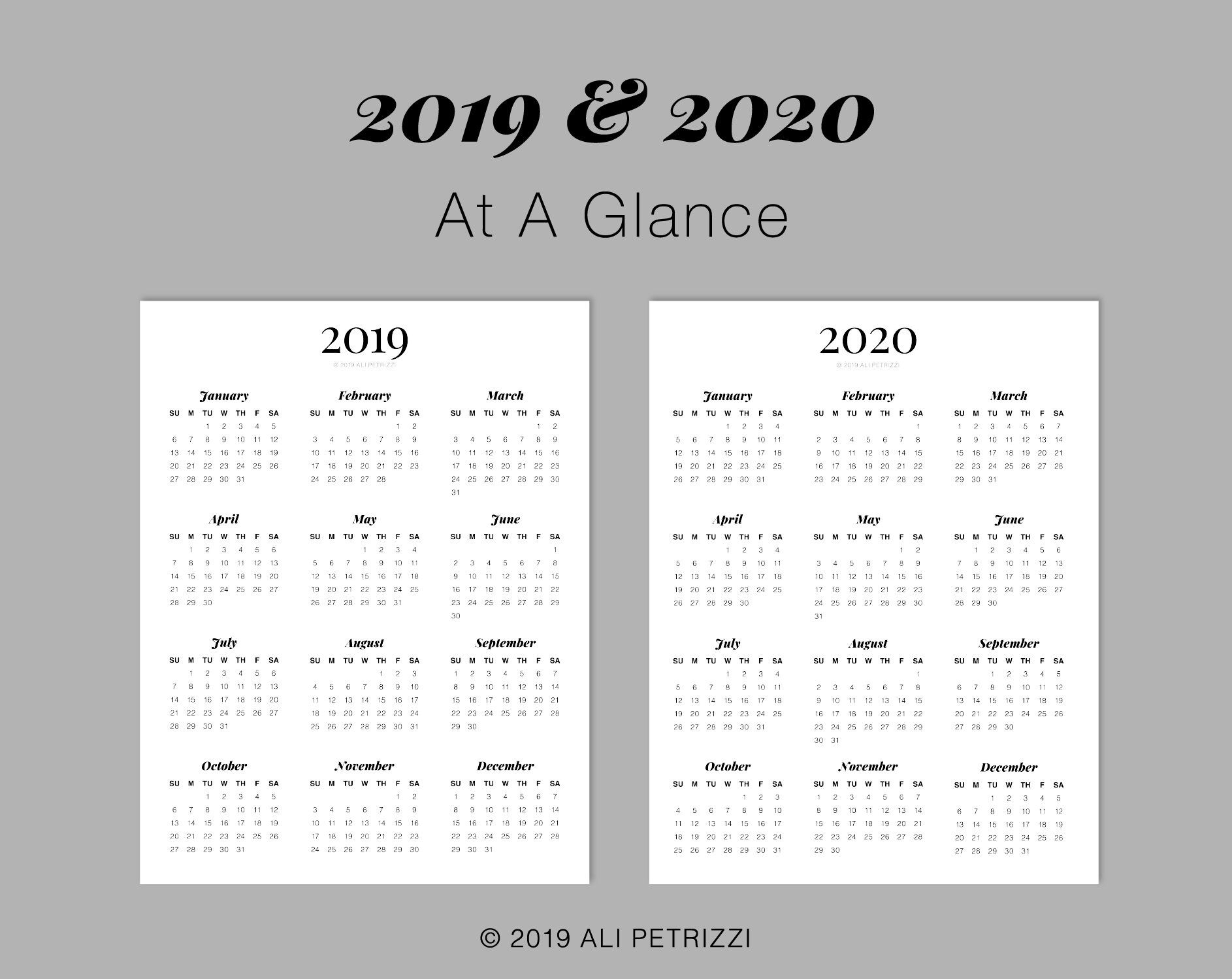 2019 &amp; 2020 At A Glance, Printable Calendar, Year View