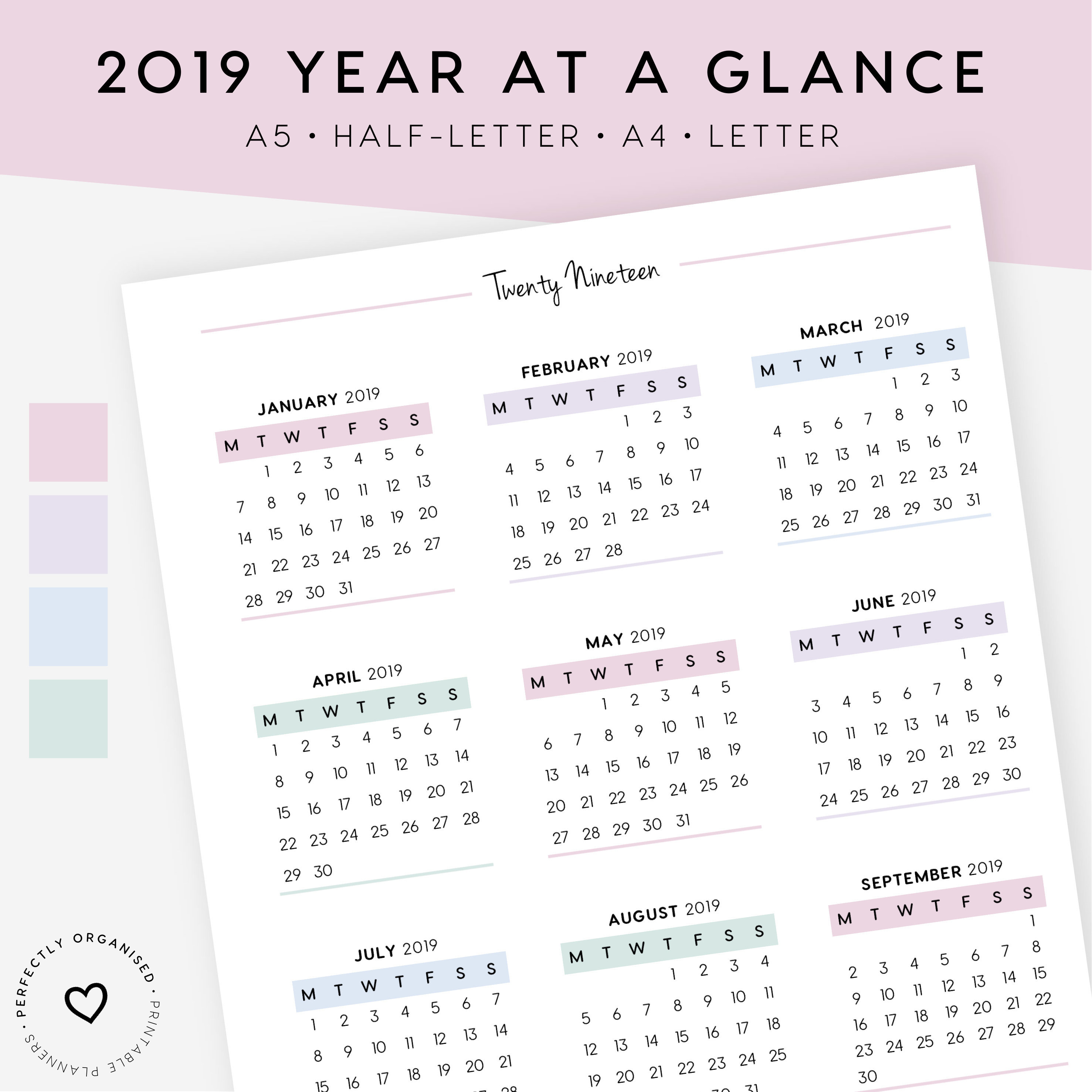 2019 &amp; 2020 Calendar And Important Dates Printable | 2019 Calendar, 2020  Calendar, 2020 Important Dates, A5, Half-Letter, A4, Letter