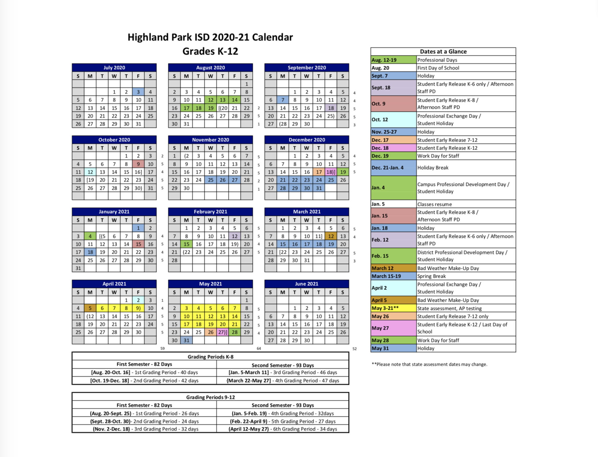 2019-2020 Hpisd Calendar – Calendars – Highland Park