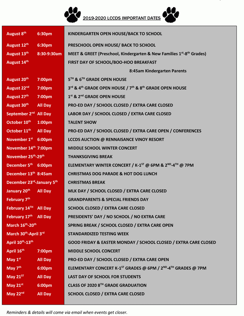 2019-2020 Important Dates - Lcc Day School