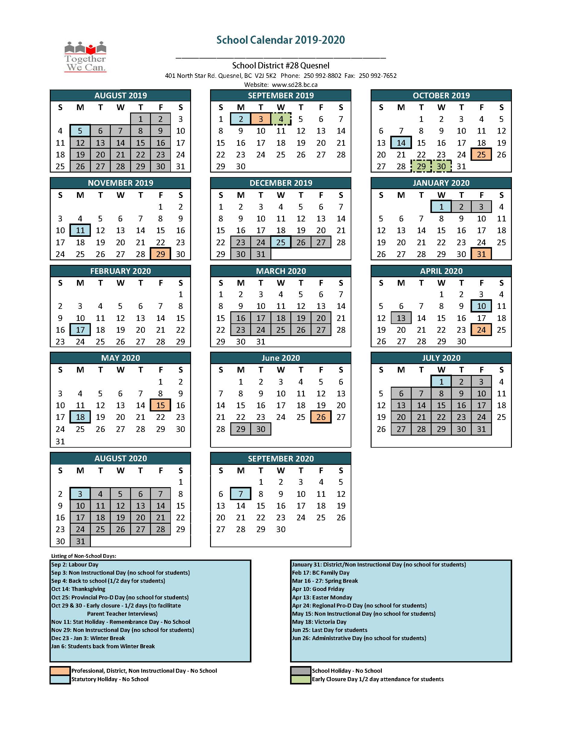 2019-2020 School Calendar | School District 28 (Quesnel)