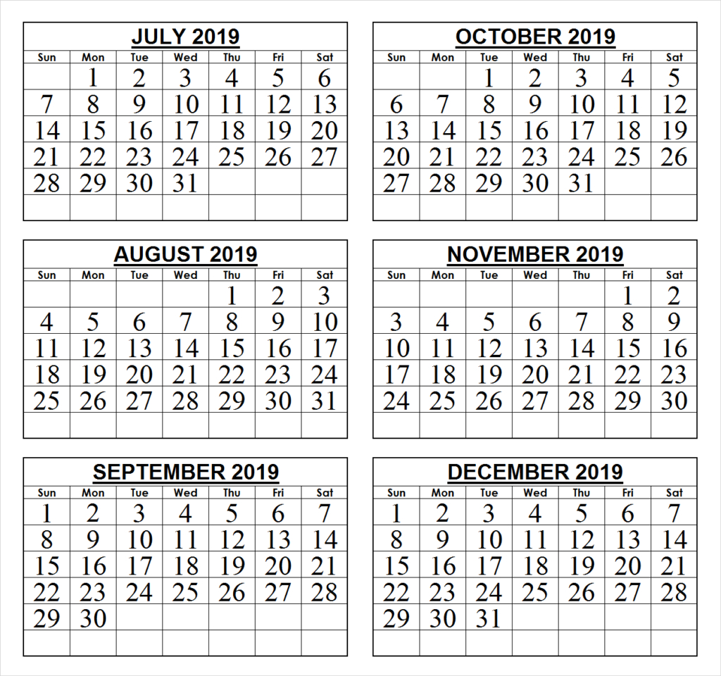 2019 6 Months Half Year Calendar Printable Download