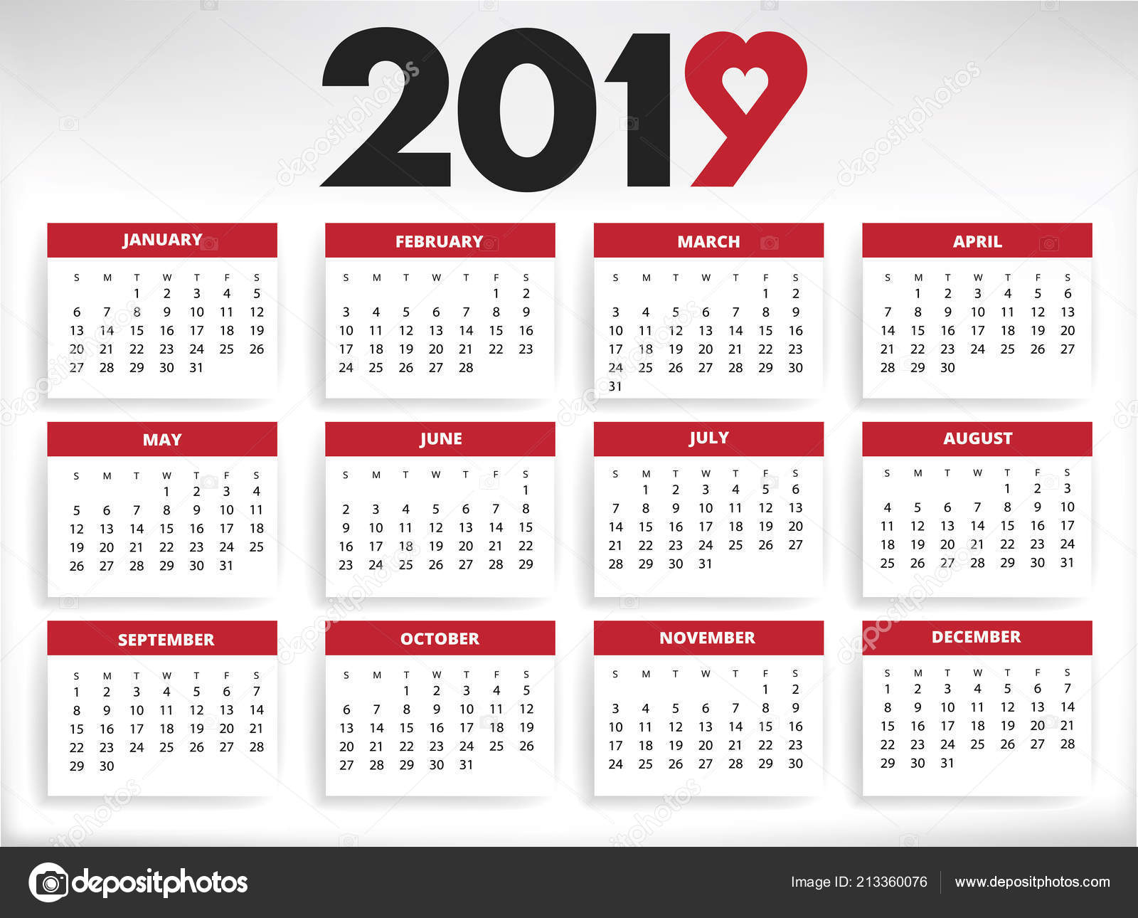 2019 Calendar All Year Months Days Heart Shape Number Nine