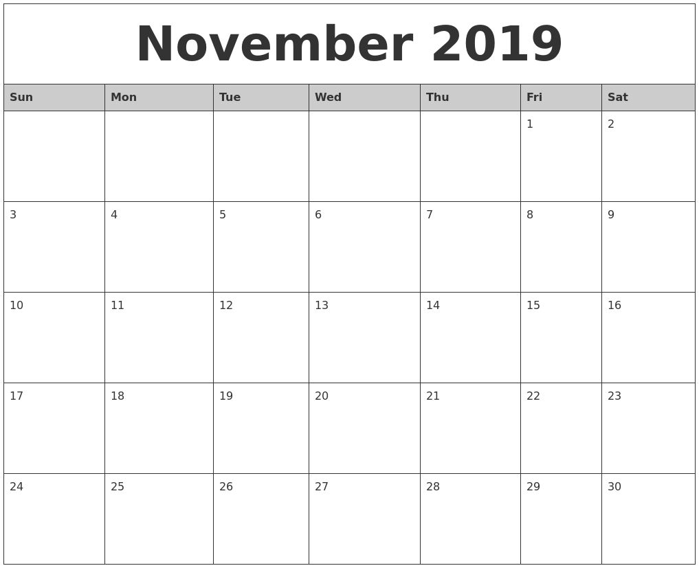 2019 Calendar November | Monthly Calendar Template, Calendar