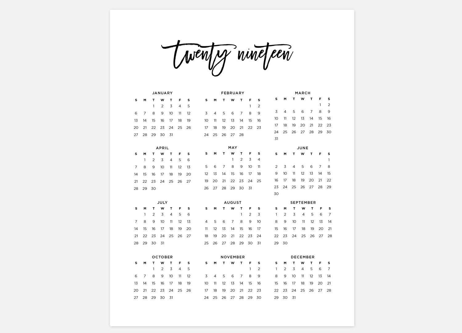 2019, Calendar, Simple Calendar, 2019 Year Calendar, 2019 Calendars, 2019  Year Planner, Wall Calendar, Printable Calendar, 2019 At A Glance