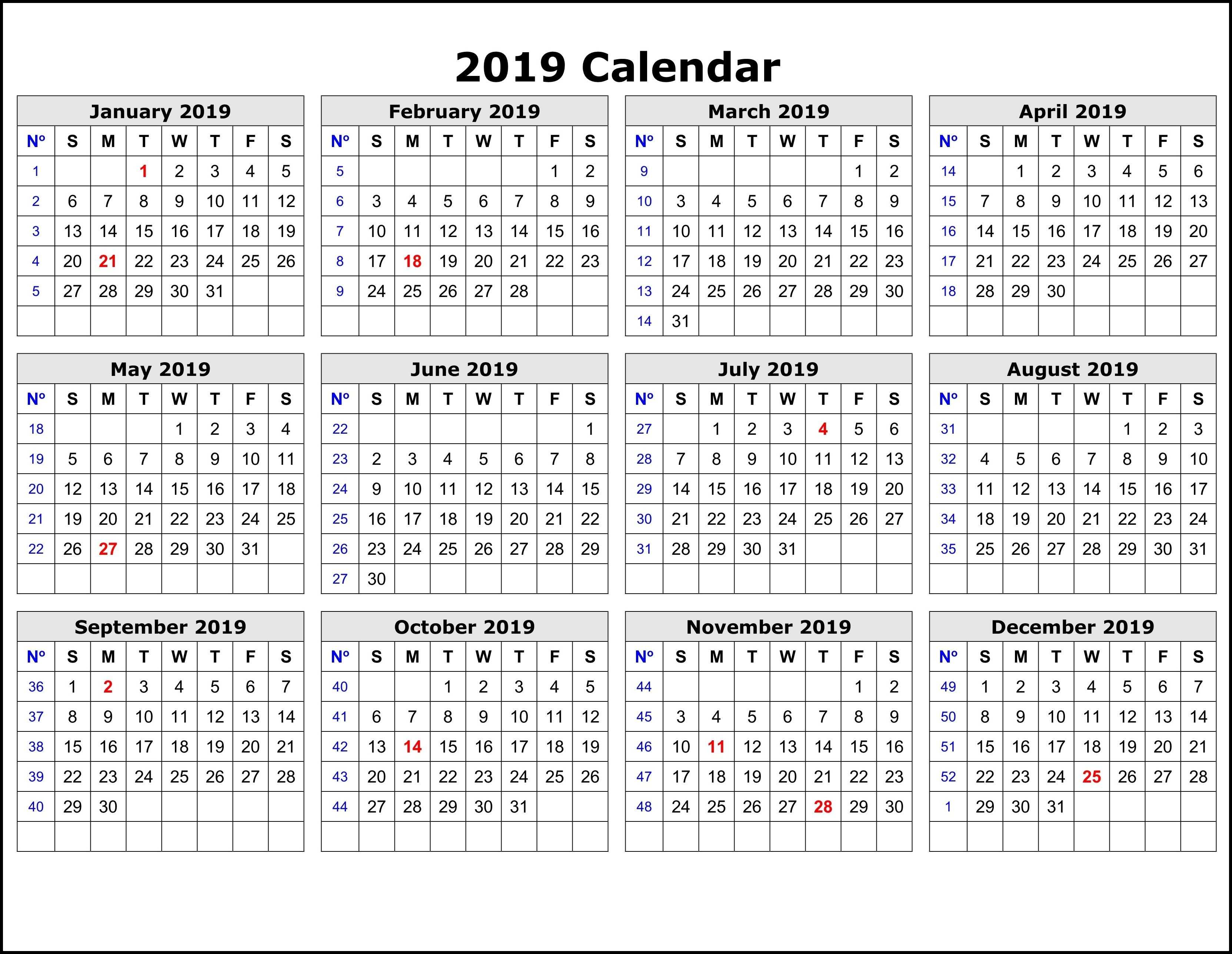 2019 Calendar Templateweek | Calendar 2019 Printable