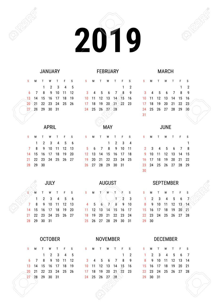 2019 Calendar. Vector Calender Design Template, Year Planner,..