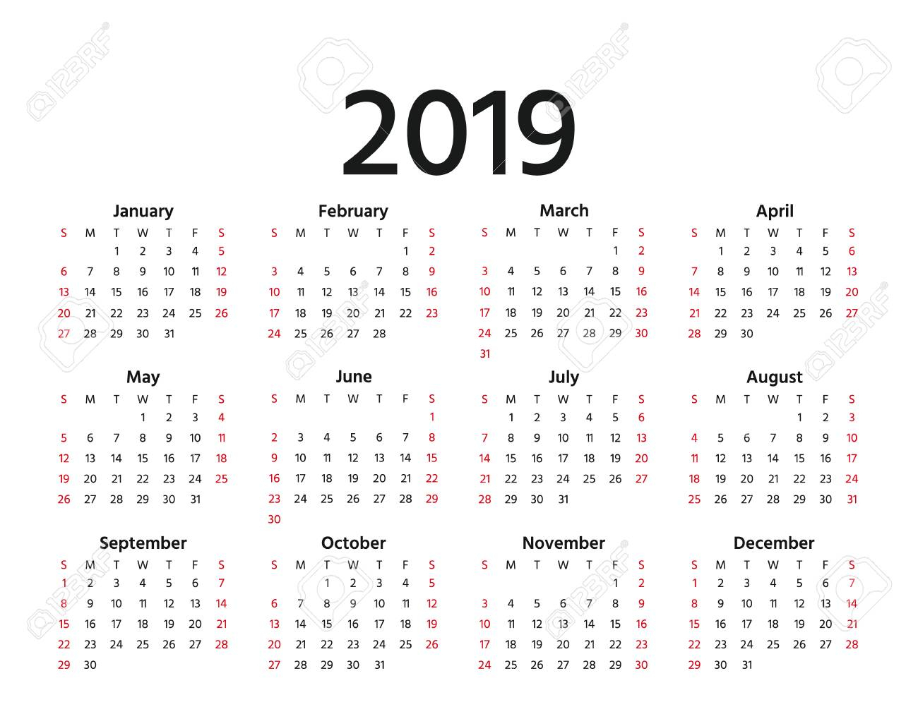 2019 Calendar. Vector. Week Starts Sunday In Minimal Simple Style