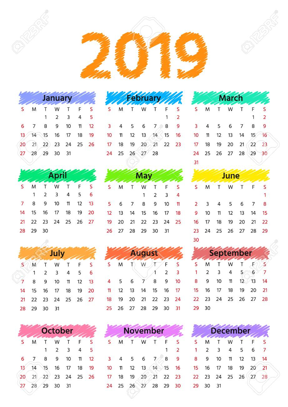 2019 Calendar. Vector. Week Starts Sunday. Stationery 2019 Year..