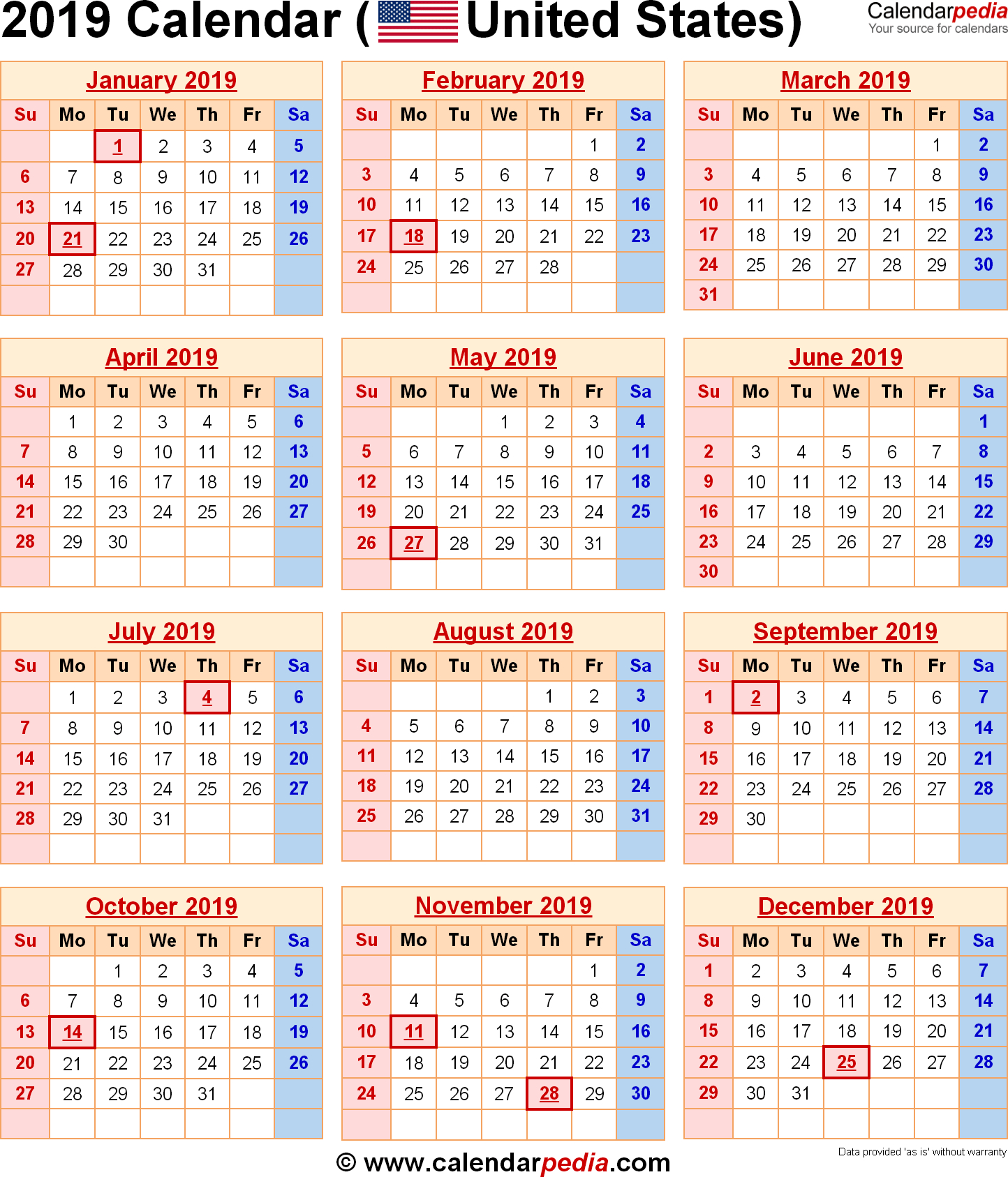 2019 Calendar With Federal Holidays
