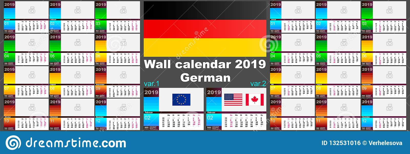 2019 Deutsche German Wall Calendar. Two Iso 8601 Templates