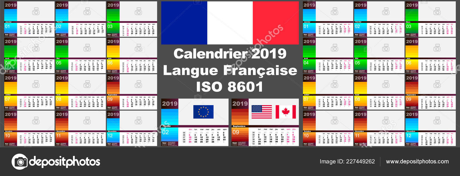 2019 French Wall Calendar. Two Iso 8601 Templates For Europe