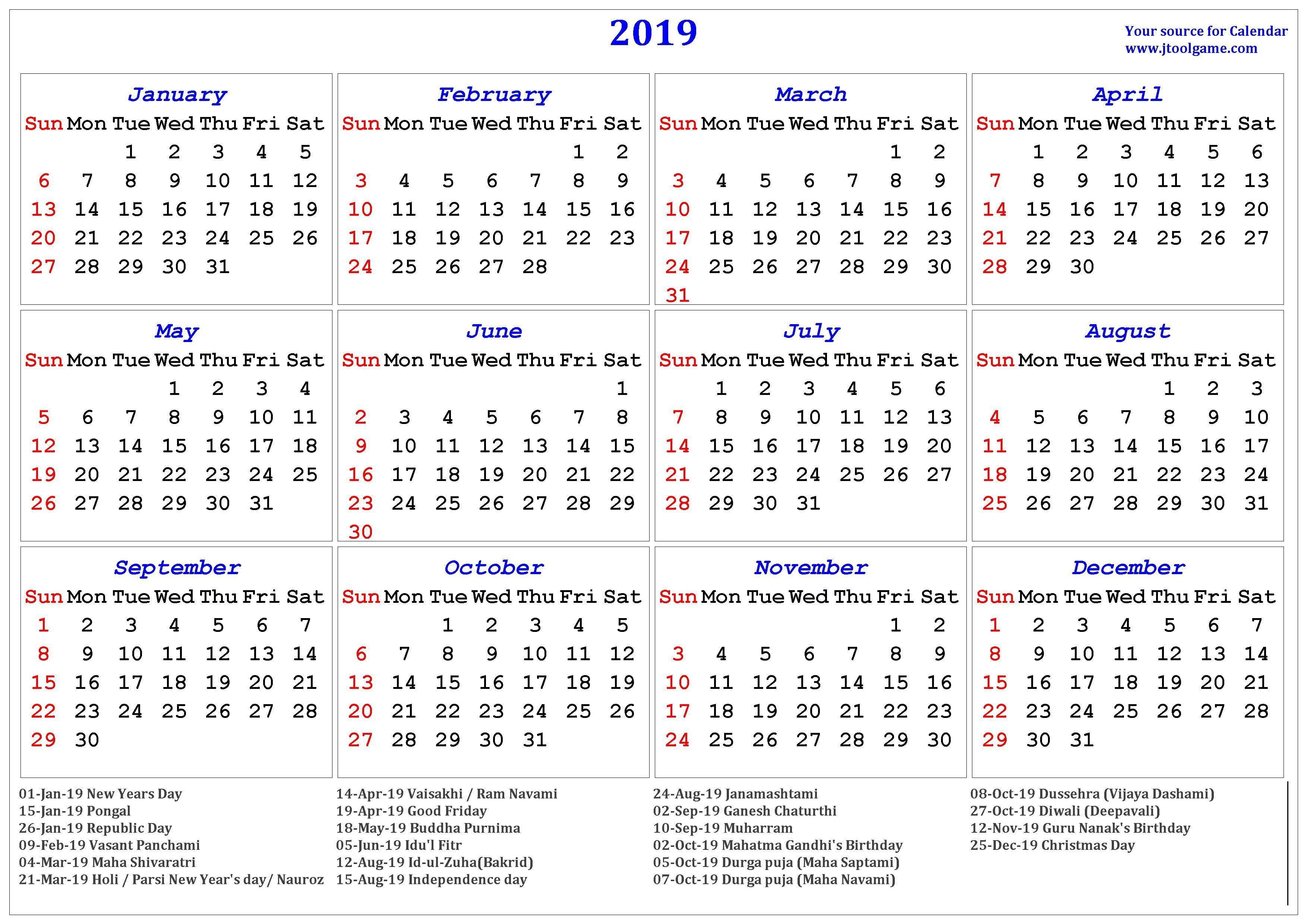 2019 Hindu Calendar With Tithi | Tyohar, Holidays, Festivals
