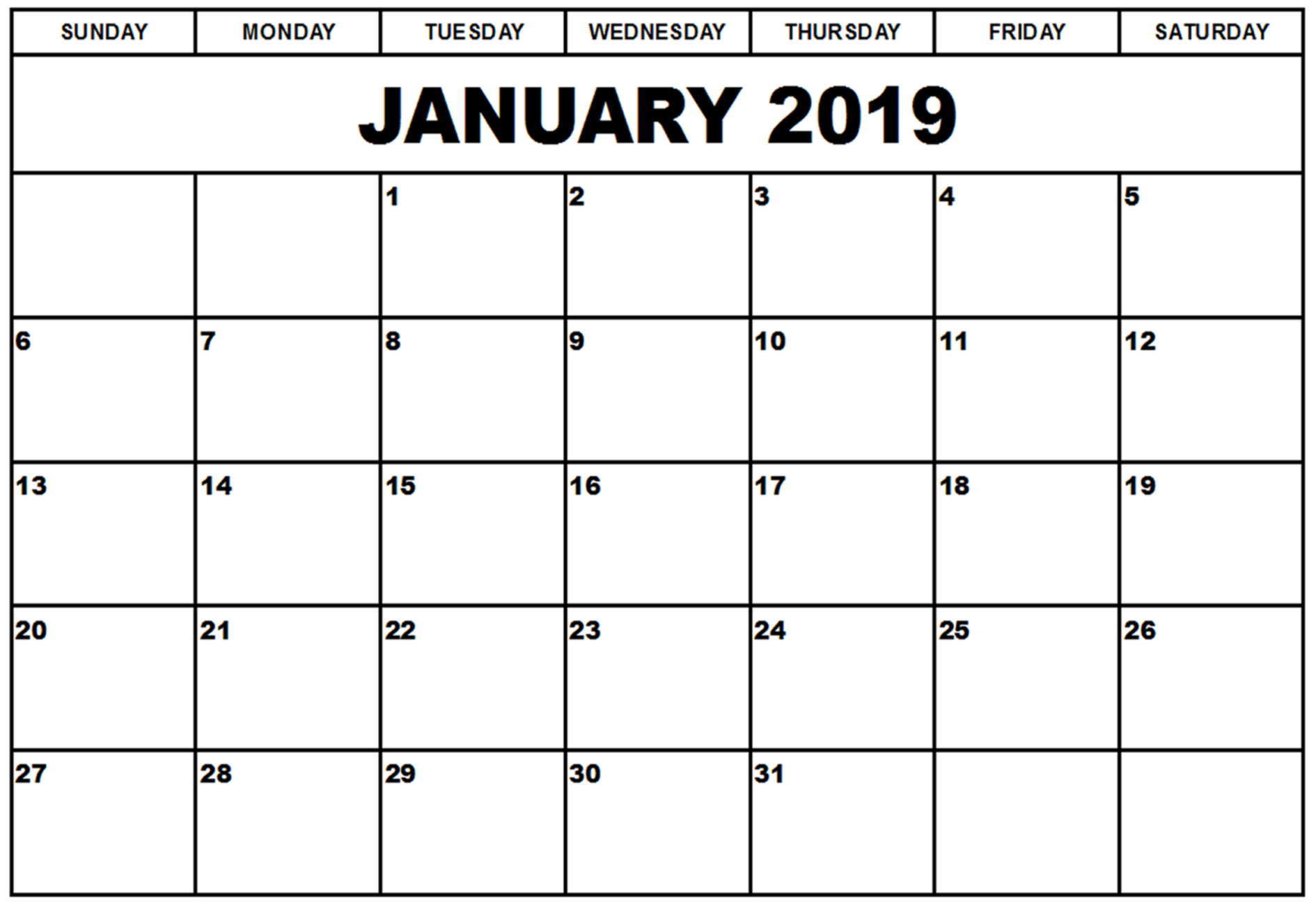 2019 January Calendar Excel - Free Printable Calendar, Blank