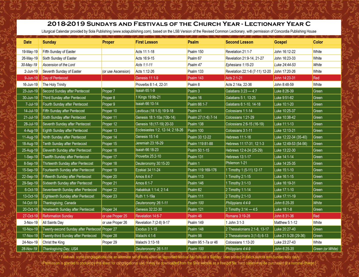 2019 Liturgical Calendar (Year C) K-2019 | Sola Publishing