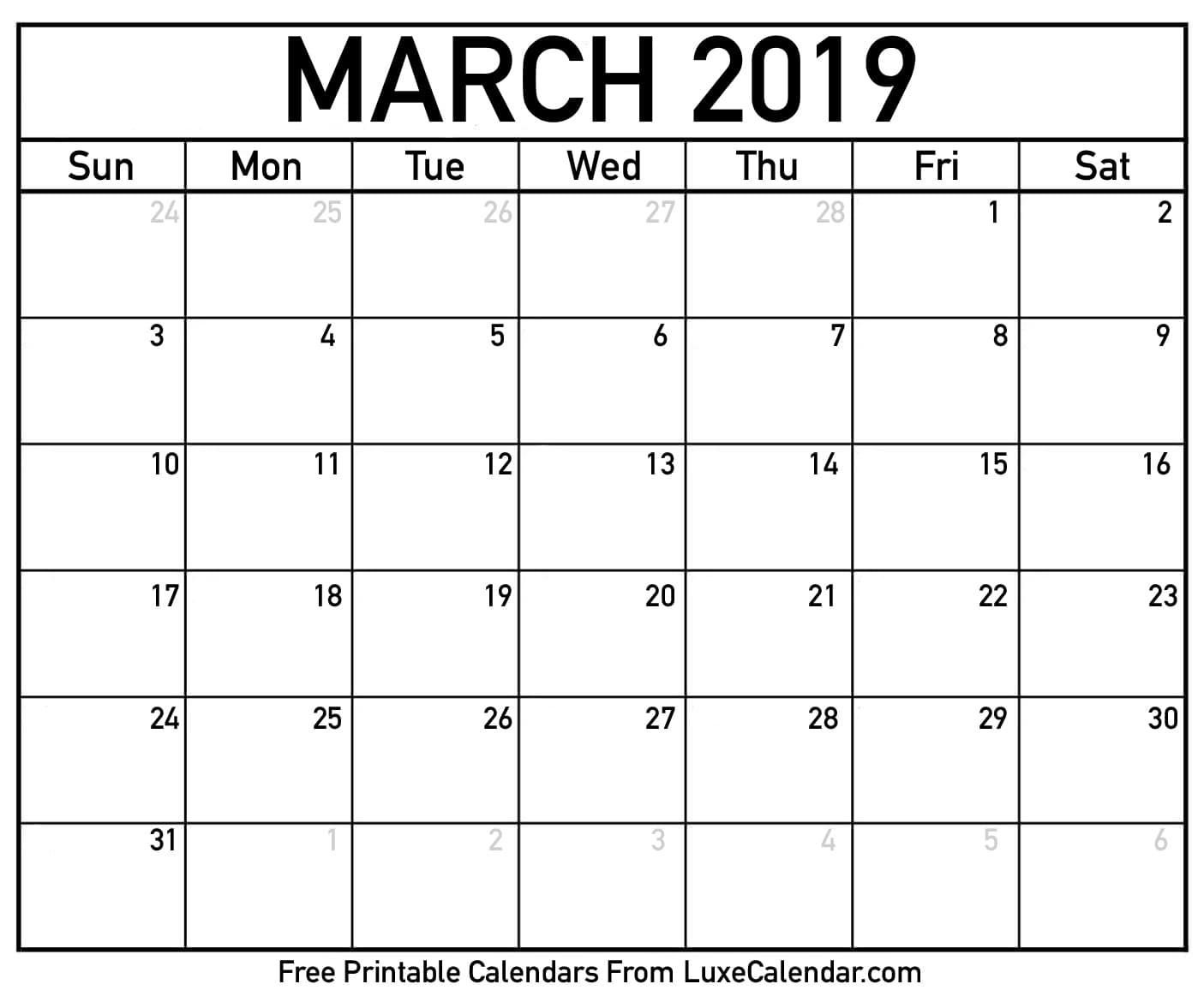 2019 March Calendar – Free Printable Template Download