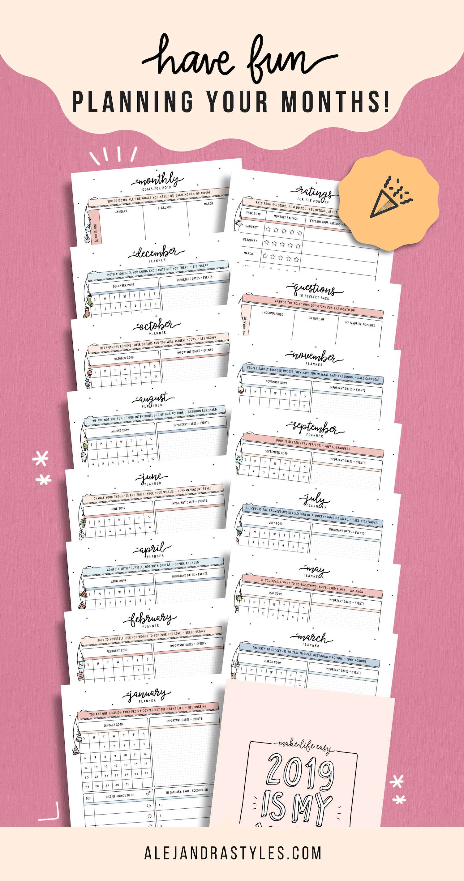 2019 Monthly Planner Printable Kit With 2019 Calendar, Goal