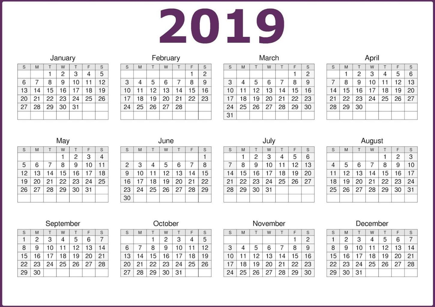 2019 One Page Calendar Printable | Calendar 2019 Template