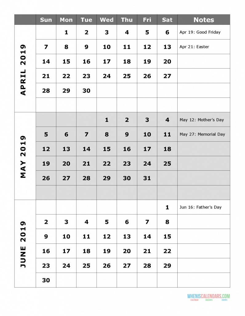 2019 Quarterly Calendar Printable Q.2: April May June | Free