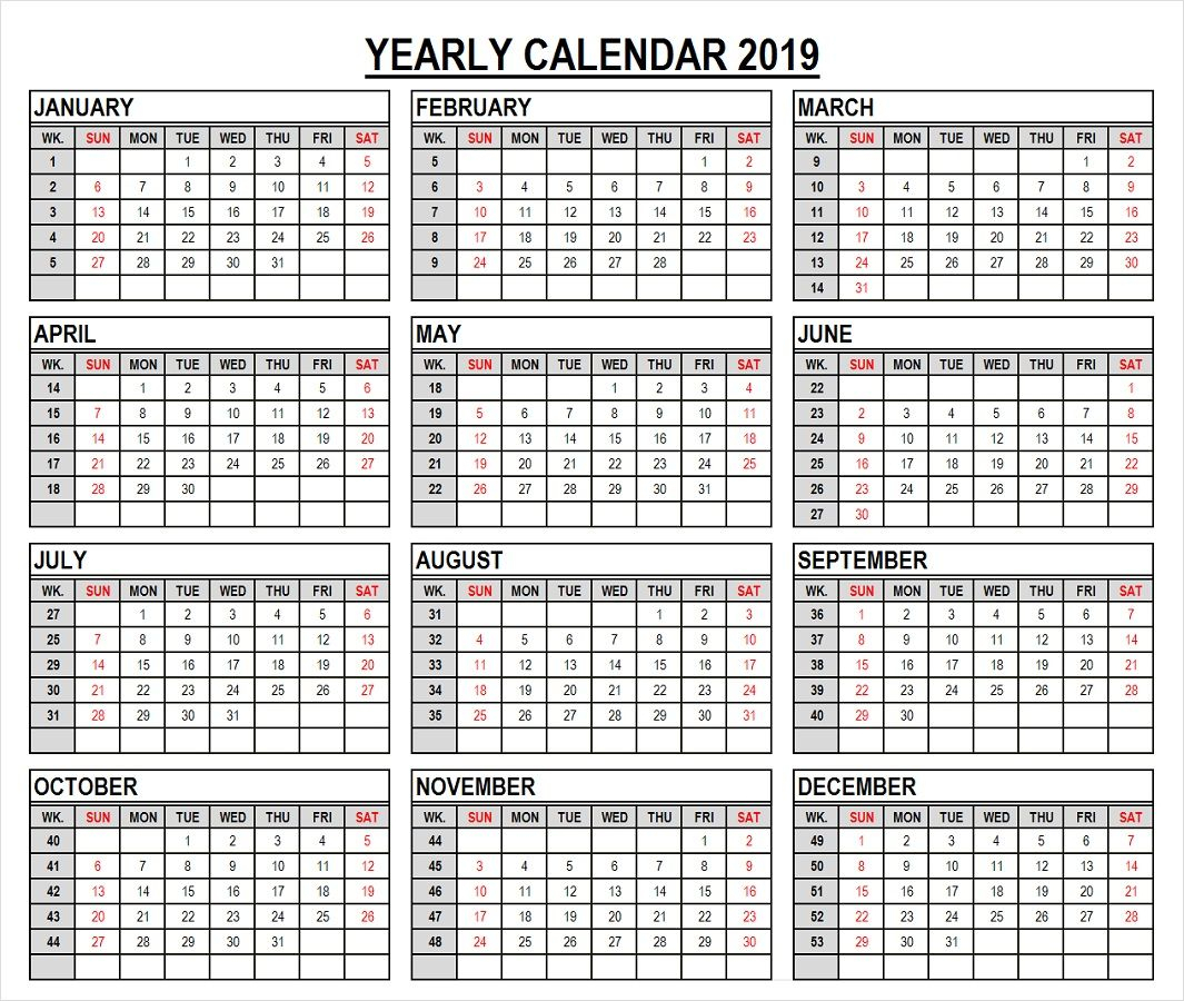 2019 Year Calendar In Weeks | 2019 Calendar, Yearly Calendar