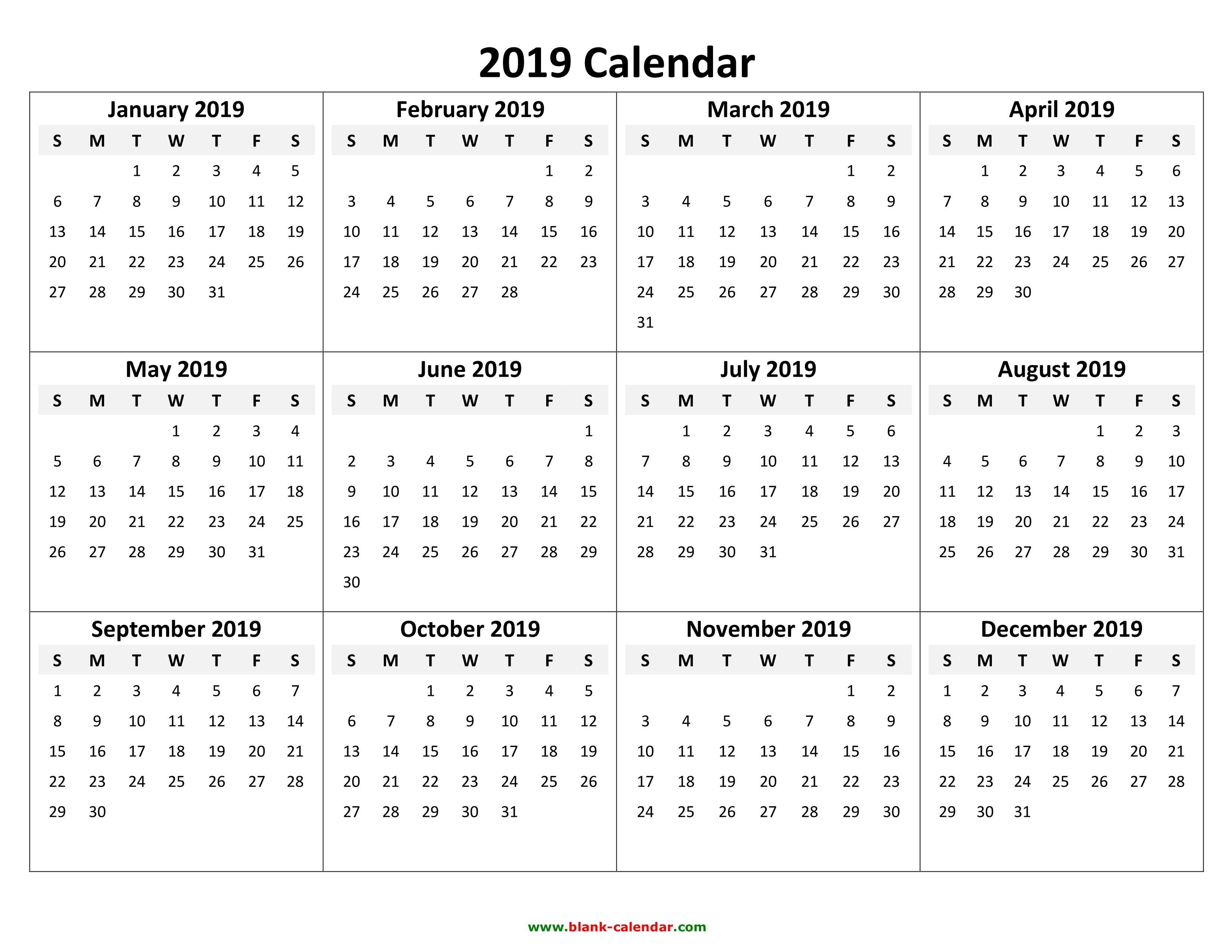 2019 Yearly Calendar - Free Download