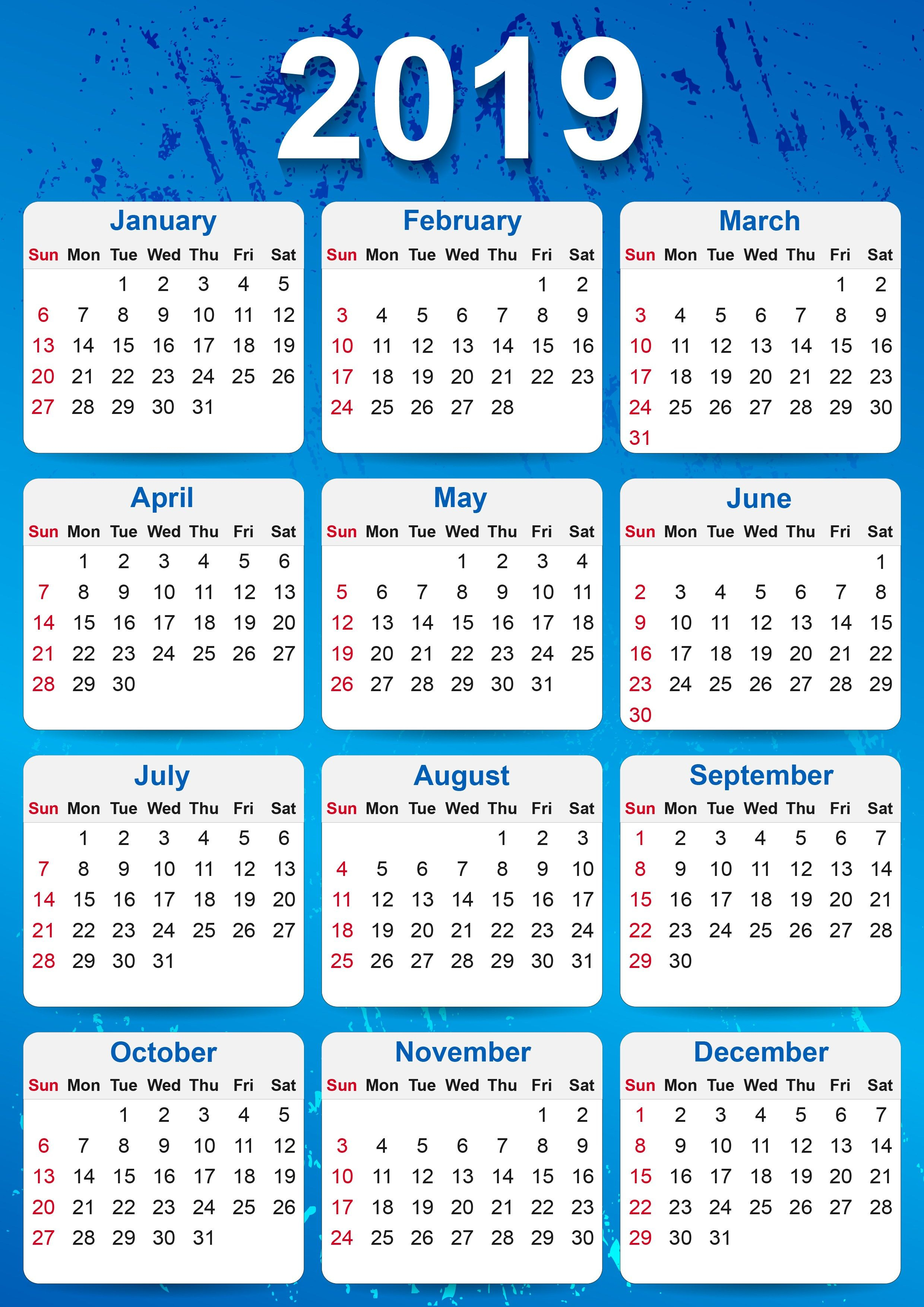 2019 Yearly Calendar Printable | 2019 Yearly Calendar